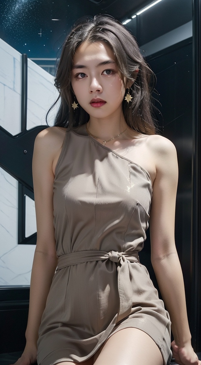 1girl,solo,dress,jewelry,earrings,sleeveless,black hair,green princess dress,stars in the sky,black sci-fi wind,bare shoulders,looking at viewer,sepia,cityscape,light particle,scenery,magnificent_architecture,rain,sparks,long hair,<lora:发型1_v1.0:0.4>,