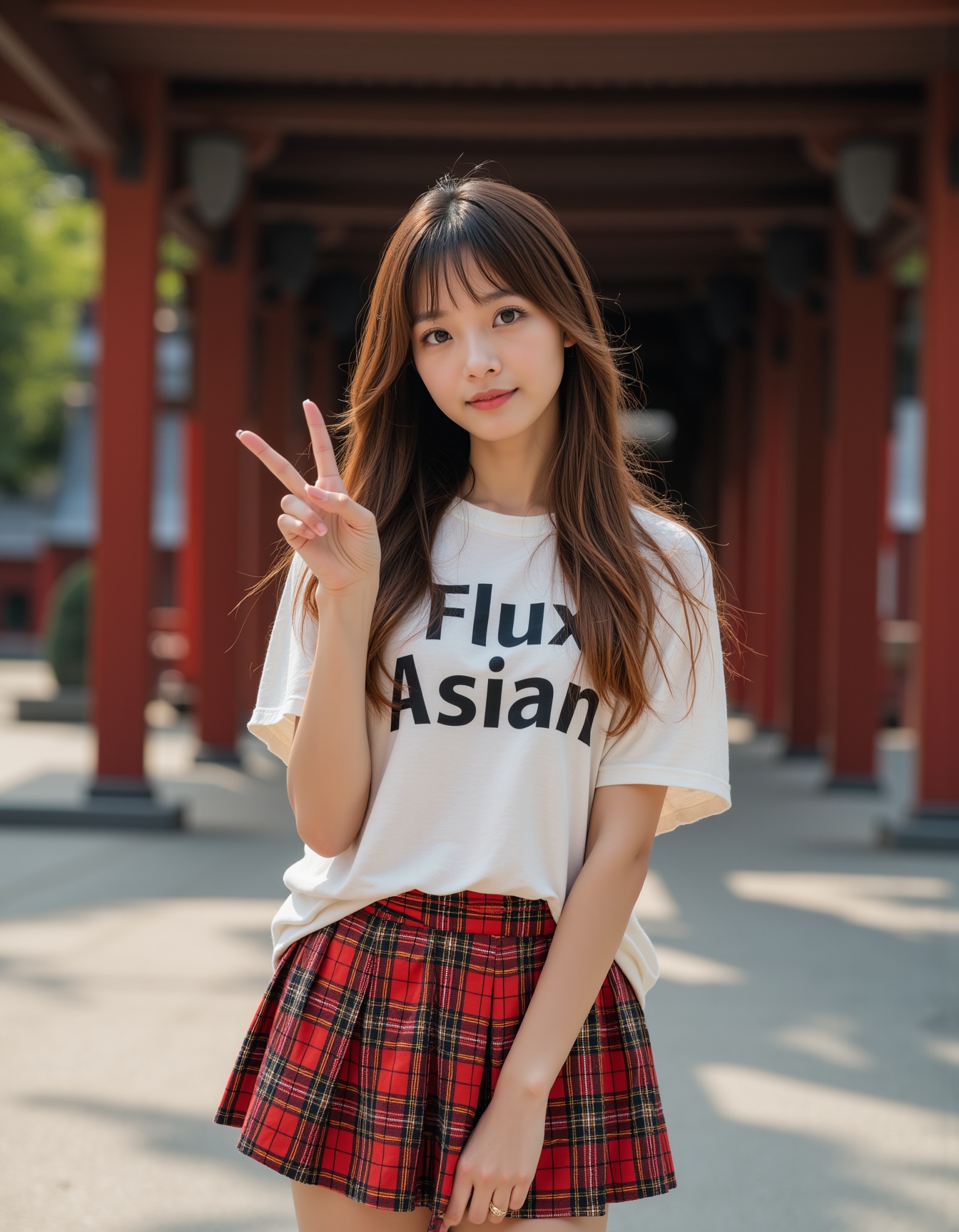 A photograph of an incredibly beautiful 18-year-old girl with long,  stylish gradient brown hair,  standing confidently at...