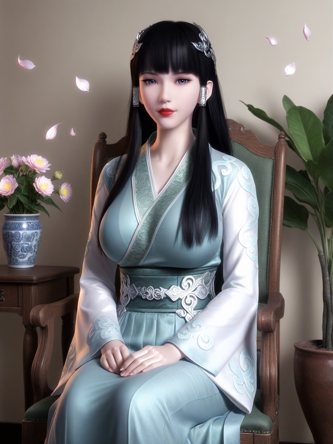 masterpiece,ultra-HD,photorealistic,high detail,best quality,8k,best quality,sharp focus,ray-tracing,1girl,breasts,large breasts,long hair,hair ornament,black hair,lipstick,bangs,long sleeves,dress,wide sleeves, sitting,chair,falling petals,eyelashes,solo,looking at viewer,enchanting expression,red lips,Flower Potted Plants,<lora:SF_XinYueHu_ILv4050_Real-000004:0.7>,