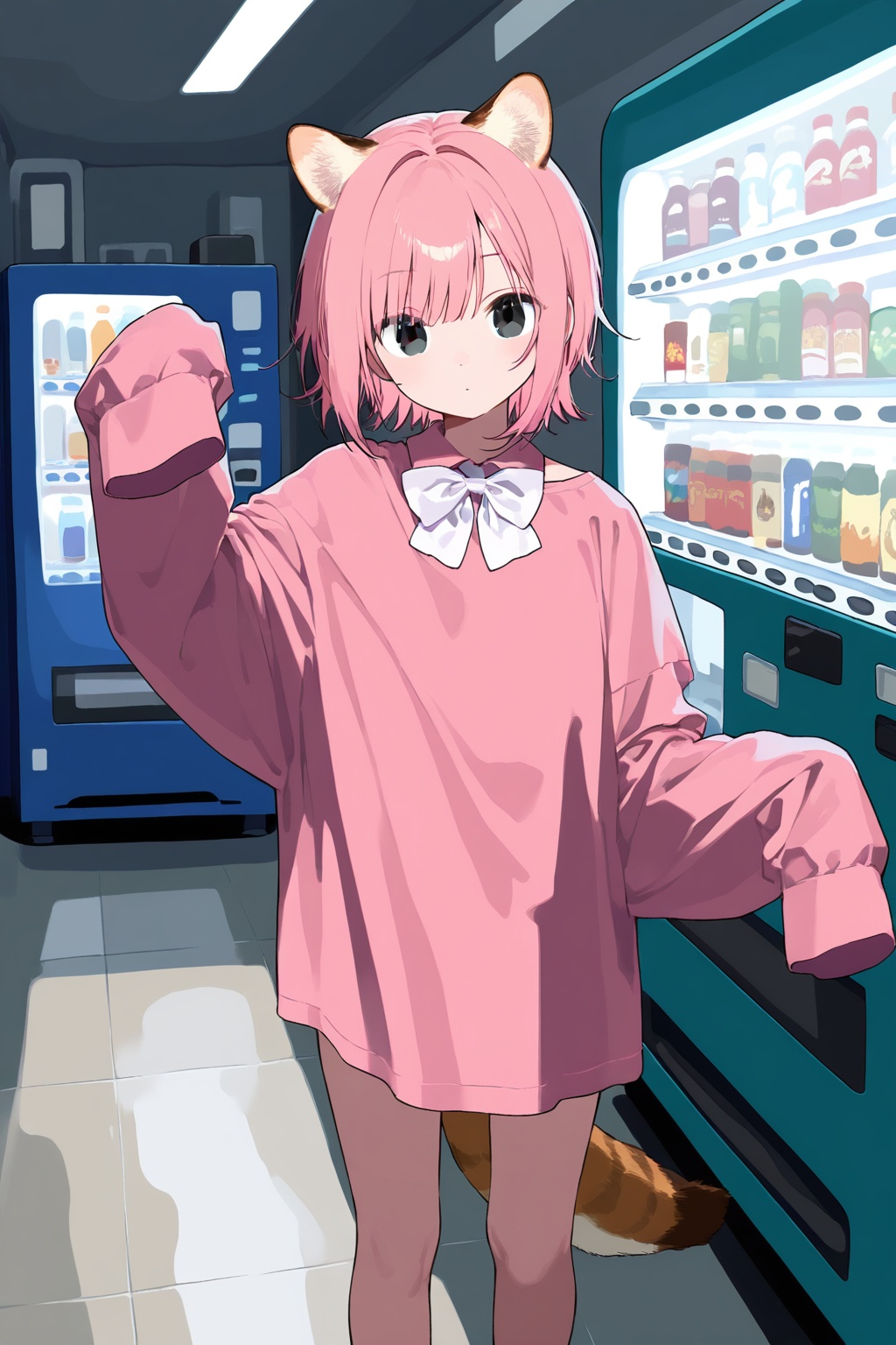 masterpiece,best quality,doremifaso64,1girl,solo,looking at viewer,shirt,long sleeves,bow,animal ears,standing,tail,pink hair,indoors,bowtie,black eyes,sleeves past wrists,feet out of frame,white bow,sleeves past fingers,pink shirt,oversized clothes,vending machine,<lora:蓝色苏醒:0.7>,