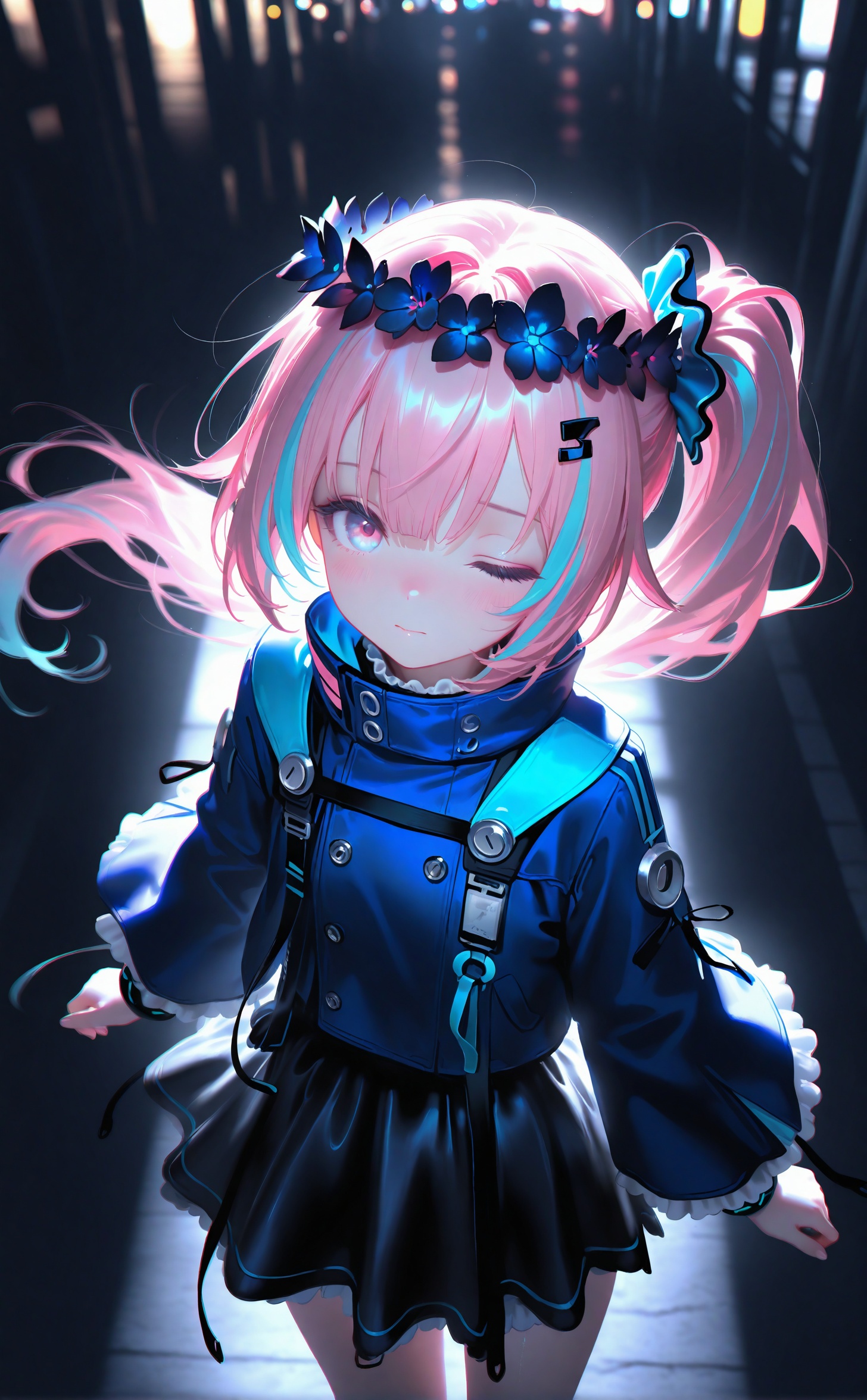 masterpiece,absurdres,best quality,high quality,chromatic_aberration,night,darkness,black theme,photorealistic,high contrast,high saturation,loli,//,,1girl, solo, long hair, looking at viewer, bangs, blue eyes, skirt, hair ornament, long sleeves, closed mouth, blue hair, jacket, ponytail, pink hair, multicolored hair, frills, one eye closed, hairclip, virtual youtuber, pink eyes, side ponytail, streaked hair, from above, scrunchie, blue jacket,//,official art,depth of field,detailed light,blurry background,cinematic lighting,ray tracing,ultra detailed,god rays,backlighting,photo background,film grain,chromatic aberration,volumetric lighting,depth of field,blurry background,shiny skin,floating hair,cinematic lighting,day,very aesthetic,cowboy shot,look up,head wreath<lora:[Ai蒸馏]white3-000026p:0.8>,