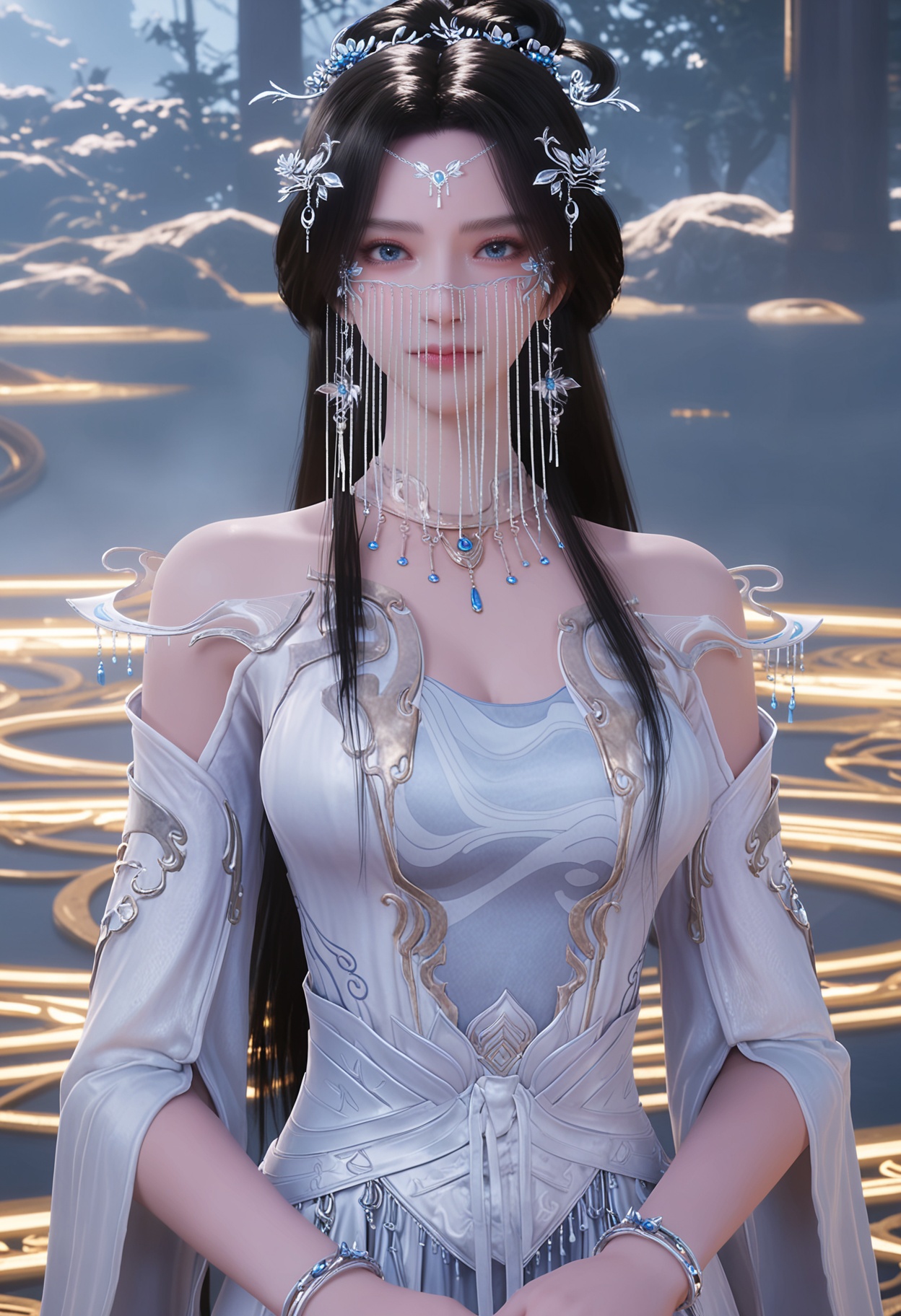 score_9,high detail,best quality,cinematic lighting,volumetric lighting,shiny skin,shiny,1girl,solo,blue eyes,jewelry,breasts,white background,long hair,dress,black hair,mouth veil,hair ornament,bracelet,simple background,white dress,necklace,bare shoulders,closed mouth,looking at viewer,upper body,thighs,<lora:QQSponyanmiaoyiV1:0.8>,<lora:Pony_DetailV2.0:0.8>,<lora:皮肤凹痕:0.1>,