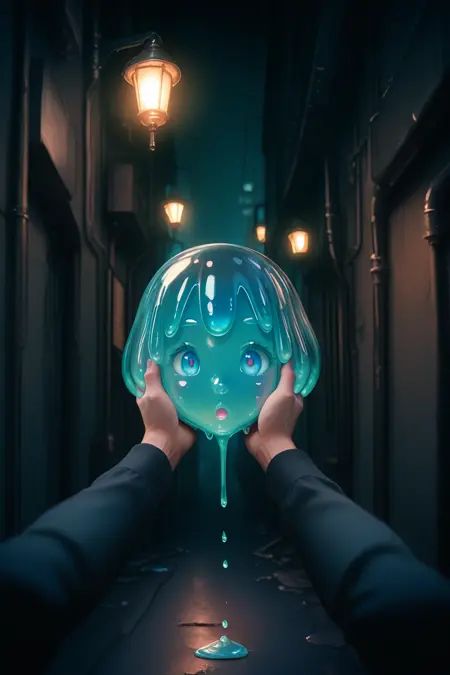1girl, slime, (disembodied:0.7) head, blue skin, blue eyes, short hair, translucent, modern alley, dark, night, pov hands, holding head, dripping, curious, looking at viewer, street lamp, masterpiece, best quality
