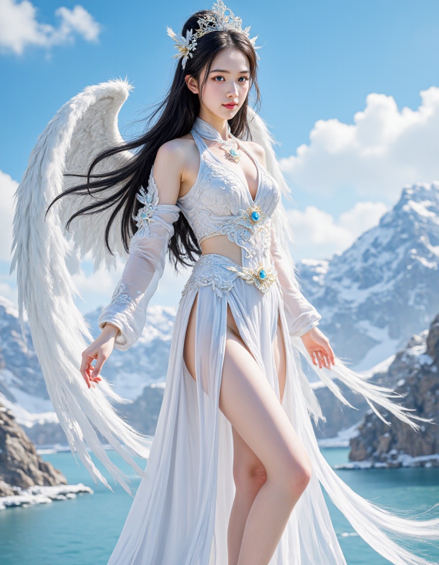 This is a highly detailed digital painting depicting a celestial being with an ethereal, angelic appearance. The subject is a young woman with fair skin, long, flowing black hair adorned with a delicate, sparkling tiara. She has large, luminous blue eyes and a serene expression, with subtle makeup highlighting her delicate features. Her wings, which are intricately detailed with feathers that transition from white to a soft blue at the tips, extend gracefully from her back.She is dressed in an elaborate, white, flowing gown that resembles a traditional Chinese cheongsam, but with a more ethereal and celestial twist. The gown is adorned with intricate patterns, gemstones, and lace, giving it a regal and magical appearance. It features a high neckline, long sleeves, and a high slit on one side, revealing her thigh.The background is a serene, ethereal landscape with a clear blue sky dotted with fluffy white clouds. In the distance, there are rugged, snow-capped mountains and a serene lake, contributing to the mystical and otherworldly atmosphere. The overall color palette is dominated by whites, blues, and soft pastels, enhancing the ethereal and dreamlike quality of the image.