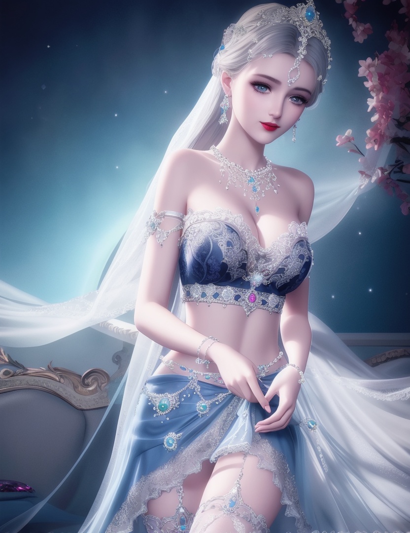 ultra realistic 8k cg, picture-perfect face, flawless, clean, masterpiece, professional artwork, famous artwork, cinematic lighting, cinematic bloom, perfect face, beautiful face, fantasy, dreamlike, unreal, science fiction, huge breasts, beautiful clothes, lace, lace trim, lace-trimmed legwear, (rich:1.4), prestige, luxury, jewelry, diamond, gold, pearl, gem, sapphire, ruby, emerald, intricate detail, delicate pattern, charming, alluring, seductive, erotic, enchanting, hair ornament, necklace, earrings, bracelet, armlet,halo ((,1girl:1.5,   solo, ))<lora:DA_NikkiChangEr2.0:0.6>