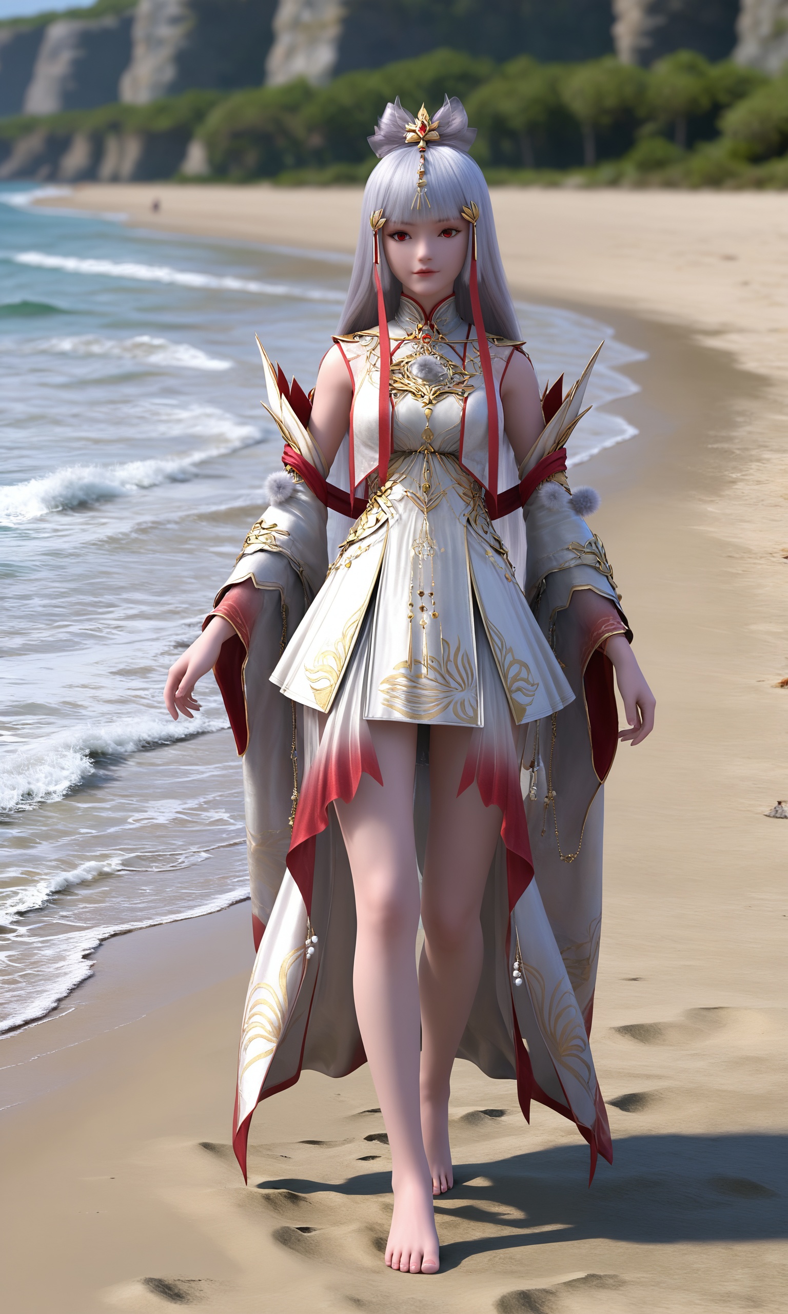 <lora:完美世界-新太阴玉兔Pony:0.8>,1girl,long,straight silver hair,hair ornament,headpiece,bangs,red eyes,intricate gold and red embroidery,sleeveless white gown,high collar,flowing train,gold and red trim,detached sleeves,barefoot,, standing,Seaside,beach,waves,full body,