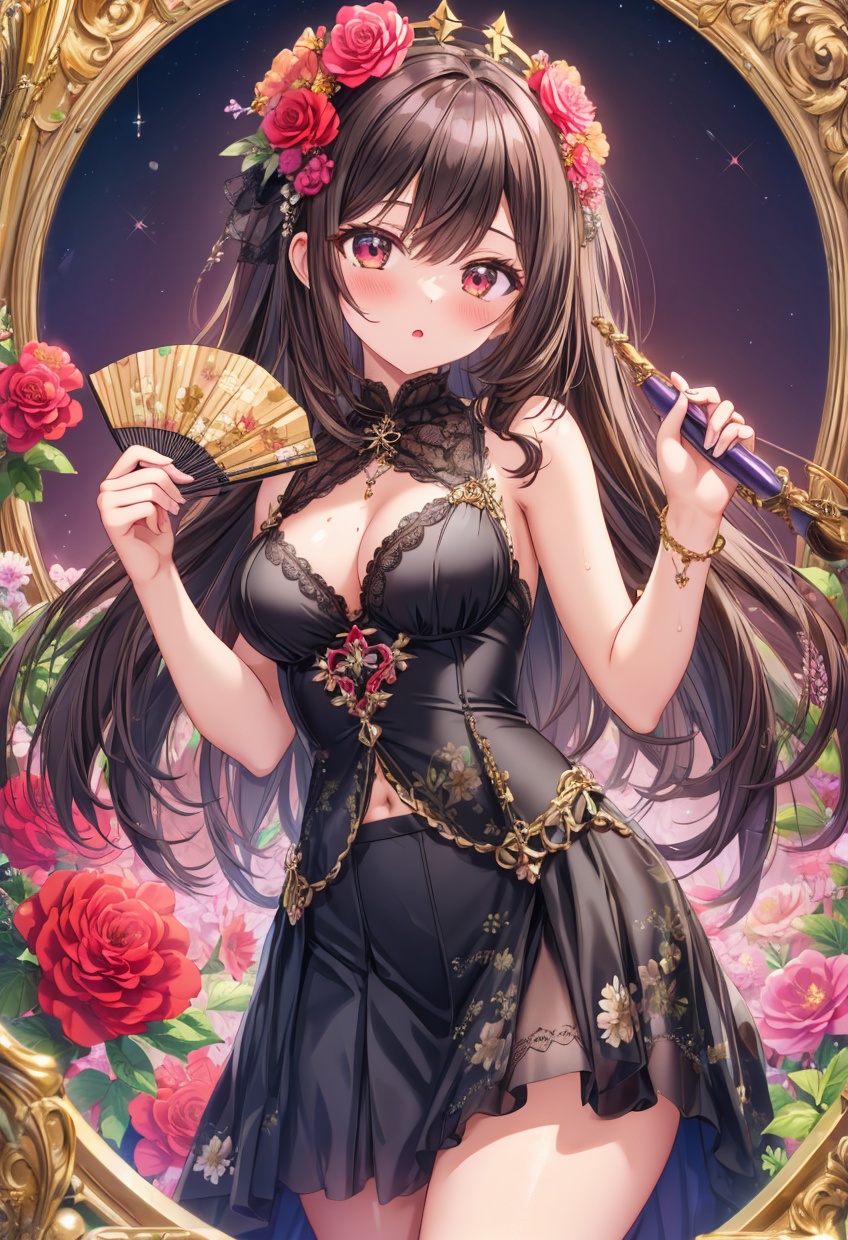 masterpiece,best quality,absurdres,1girl,beautiful detailed girl fine and beautiful detailed skin,extremely detailed beautiful background,CG,8K wallpaper,flower,holding_fan,skirt_suit,
