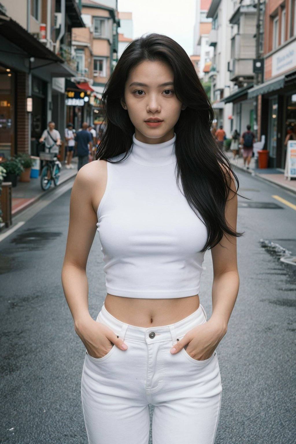 A beautiful young Asian woman with long, dark, wavy hair, wearing a white sleeveless turtleneck crop top and white high-waisted jeans, stands in the middle of a city street. Her hands are tucked into her front pockets, and she looks directly at the viewer with a confident expression. The street is lined with buildings, some with awnings and shops. In the background, other people and a bicycle are visible, and the street appears wet, reflecting the light. The overall lighting suggests an overcast or diffused daylight. The style is photorealistic.