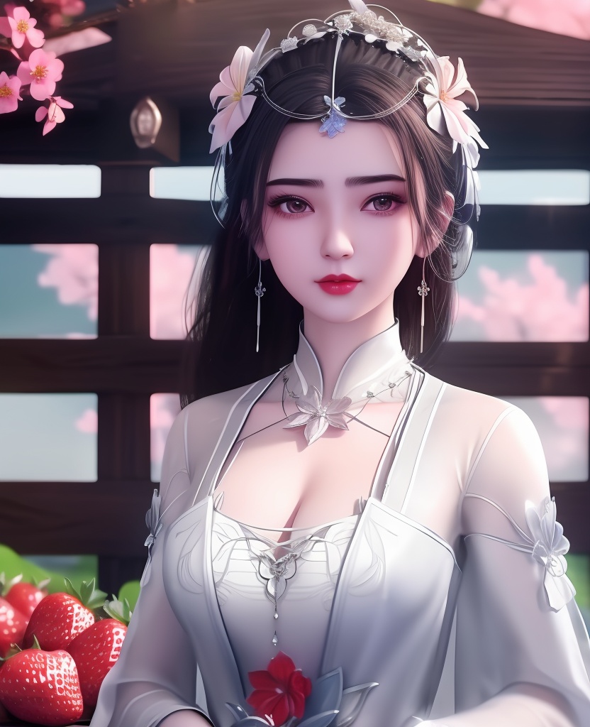 <lora:607-DA-仙逆-李慕婉-**:0.8>(,1girl, ,best quality, ),looking at viewer,  ,ultra detailed background,ultra detailed background,ultra realistic 8k cg, , ,masterpiece, (( , )),, ultra realistic 8k cg, ,      ,lily \(flower\) ,full moon ,strawberry blossoms      (cleavage), (),