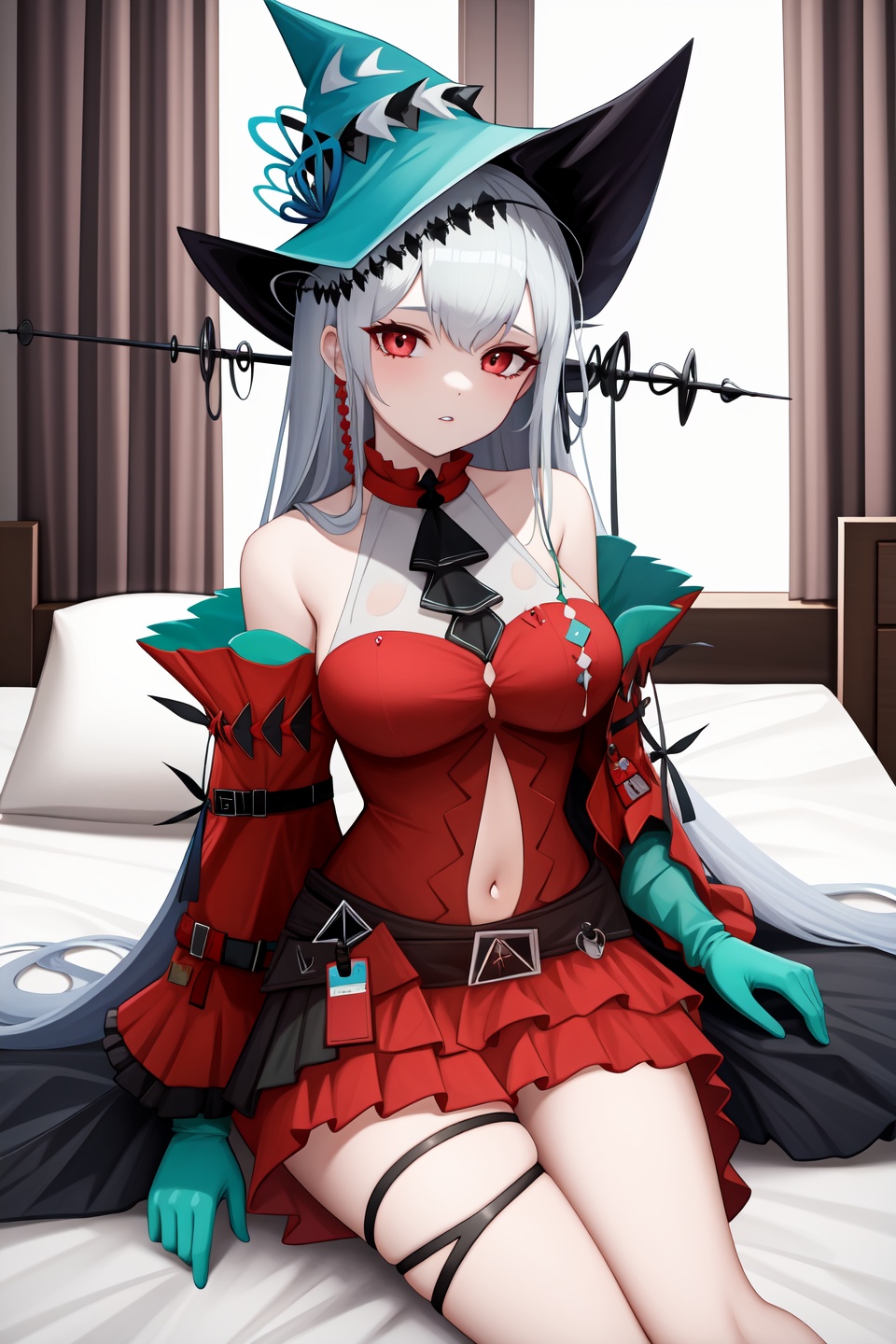 <lora:skadi2-000020:1>,skadi,1girl,skadi the corrupting heart \(arknights\),skadi \(arknights\),solo,official alternate costume,navel,looking at viewer,parted lips,hat,sitting on bed,bedroom,indoors,, 1girl,,  (masterpiece,best quality:1.2),absurdres