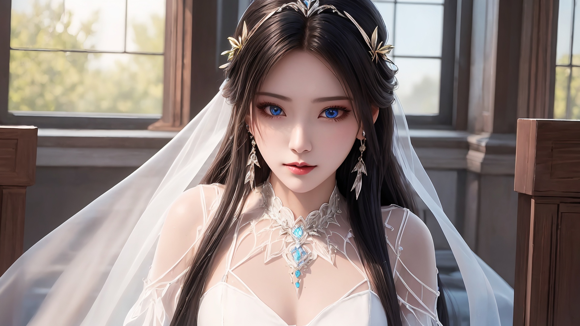 1girl,jewelry,solo,black hair,long hair,earrings,dress,upper body,white dress,veil,indoors,necklace,hair ornament,table,window,looking at viewer,closed mouth,blue eyes,<lora:girl solo luxueqi_20240911015355:0.6>,<lora:SD1.5泛光调节_v1.0:0.5>,