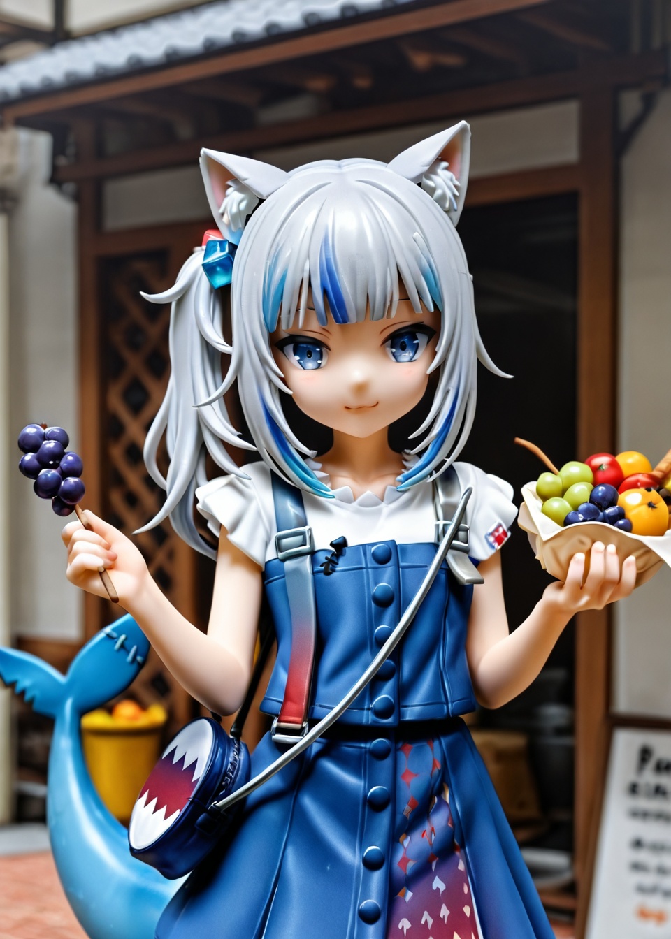1girl, gawr gura, virtual youtuber, fish tail, animal ears, fins, shark tail, gawr gura \(casual\), tail, blue eyes, solo, cat ears, food, blue hair, streaked hair, multicolored hair, looking at viewer, fruit, grey hair, bag, hair ornament, side ponytail, holding, grapes, shirt, white shirt, shark girl, skirt, cube hair ornament, holding food, smile, official alternate costume, blue skirt, short sleeves