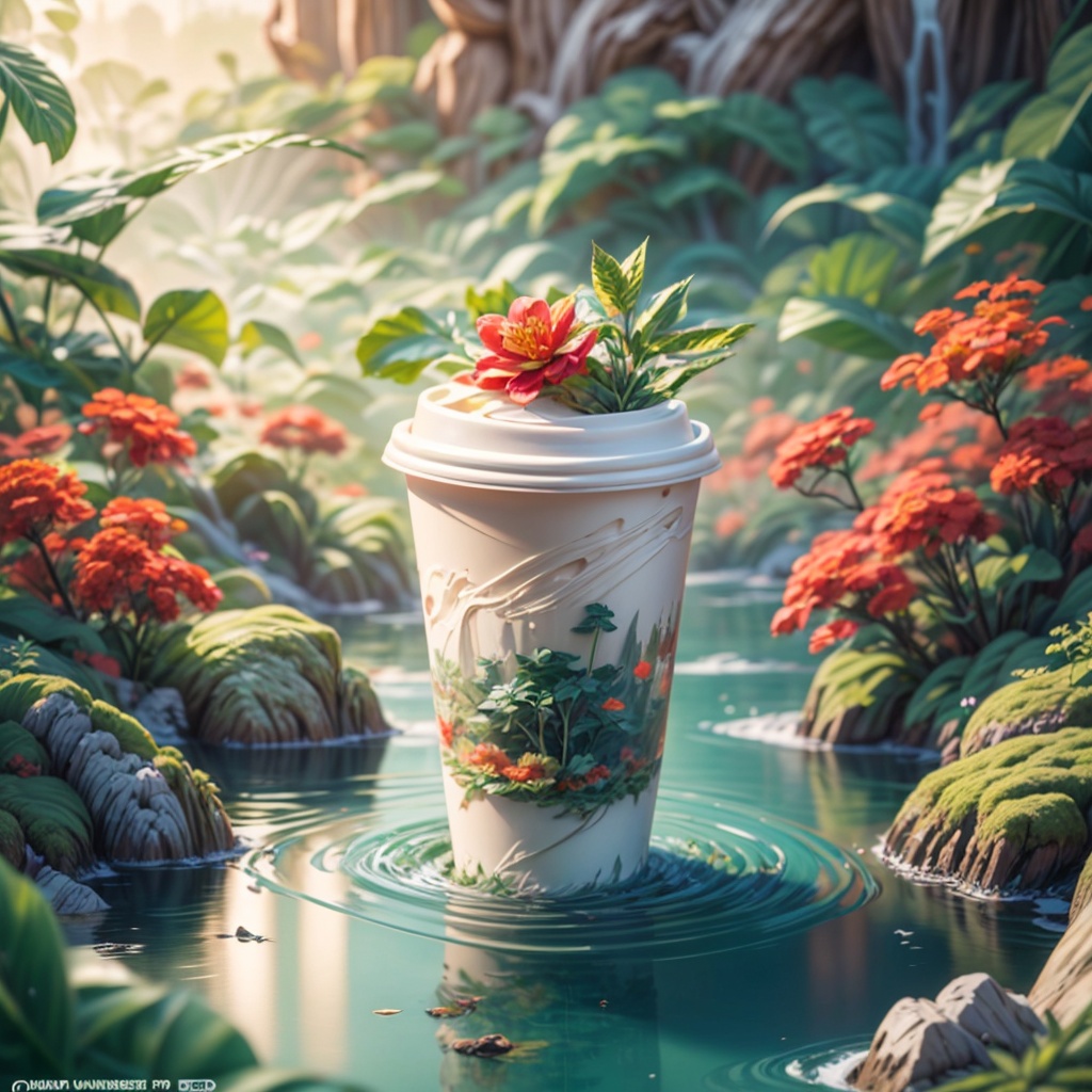 Coffee cups,guohuashanshui,(Masterpiece, High Quality, Best Quality, Official Art:1.2),a paper cup surrounded by lights and many plants pointing towards the forest at night,with a close-up of red flowers,surrealist style,neon lights,bird flowers,surrealistic water,mysterious jungle,light red and green,huge scale,vibrant fantasy landscape,surrealistic water,accurate flora and fauna,immersive,energetic and bold,precise and sharp,colorful fantasy reality style,advertising posters,surrealistic fantasy style,cream organic fluid,ray tracing,foreground occlusion,realistic light depiction,natural light,OC rendering,studio lighting,