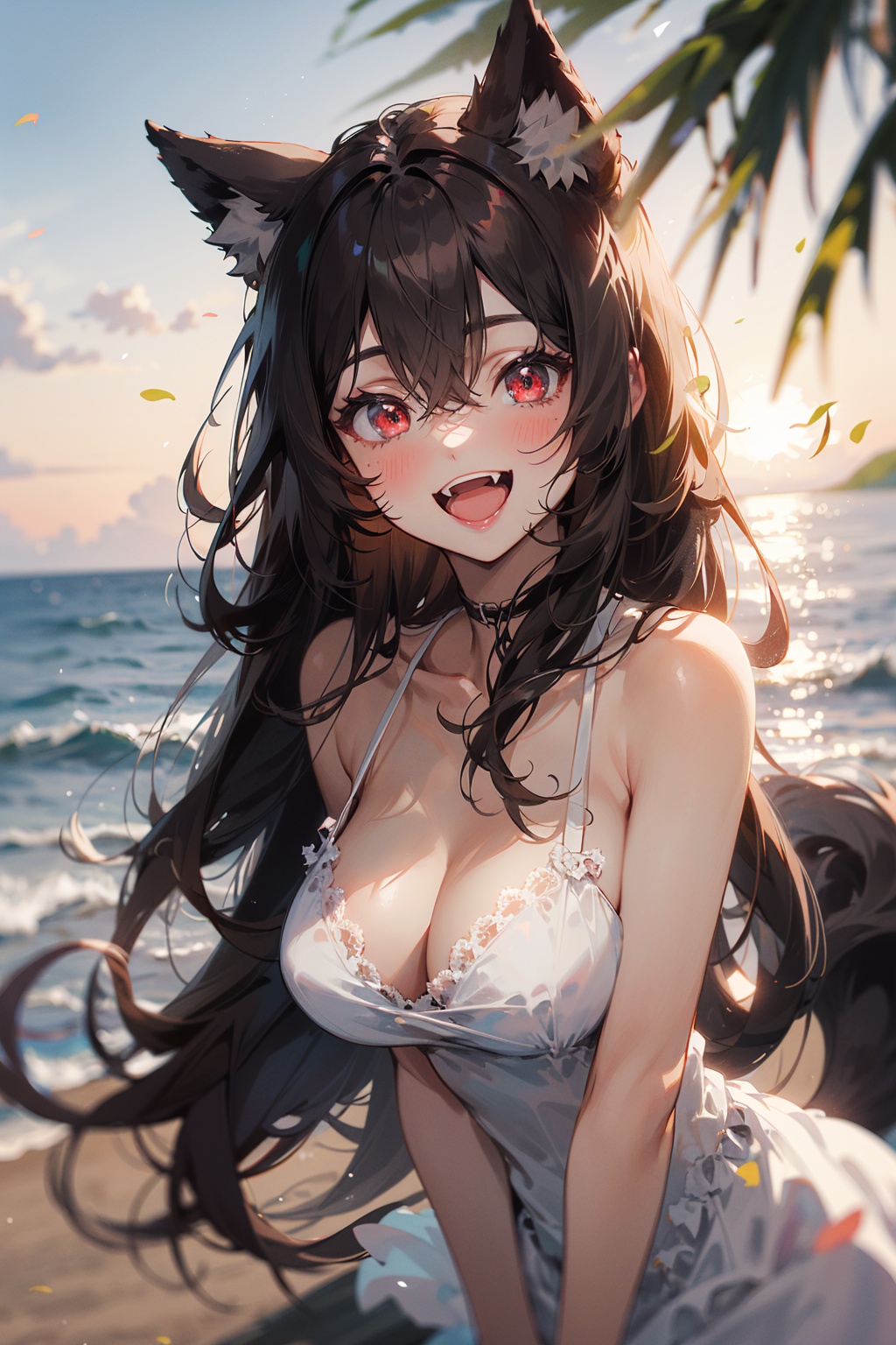 masterpiece,best quality,1girl,solo,looking at viewer,brown hair,hair between eyes,bangs,very long hair,red eyes,wolf ears,wolf tail,blush,open mouth,smile,:d,fang,large breasts,bare shoulders,(white sundress),upper body,leaning forward,outdoors,sun,sea,beach,day,blurry background