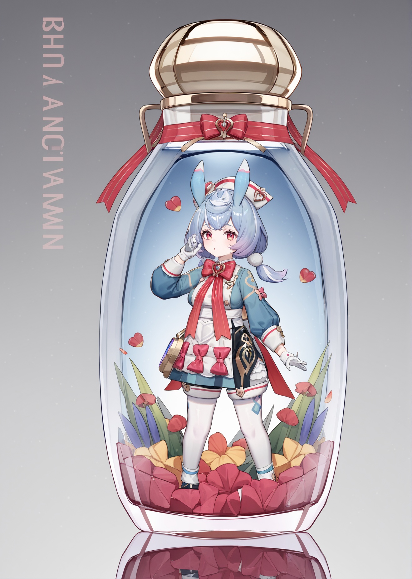 8k, best quality, masterpiece, (ultra-detailed), (high detailed skin), <lora:Sigewinne-A3-Tanger-000012:0.8>, Sigewinne, Sigewinne's def clothes, 1girl, red eyes, gloves, animal ears, rabbit ears, hat, white gloves, long sleeves, <lora:jijiav2-a3-Tanger-000005:0.8>, jjijia, 2d, anime, 1girl, solo, long hair, breasts, looking at viewer, in container, bangs, standing, hand up, character name, large breasts, grey background, reflection, medium breasts, copyright name, gradient, a glass bottle with a picture of a woman on it, a picture of a girl inside a clear container with a bunch of stuff in it, 