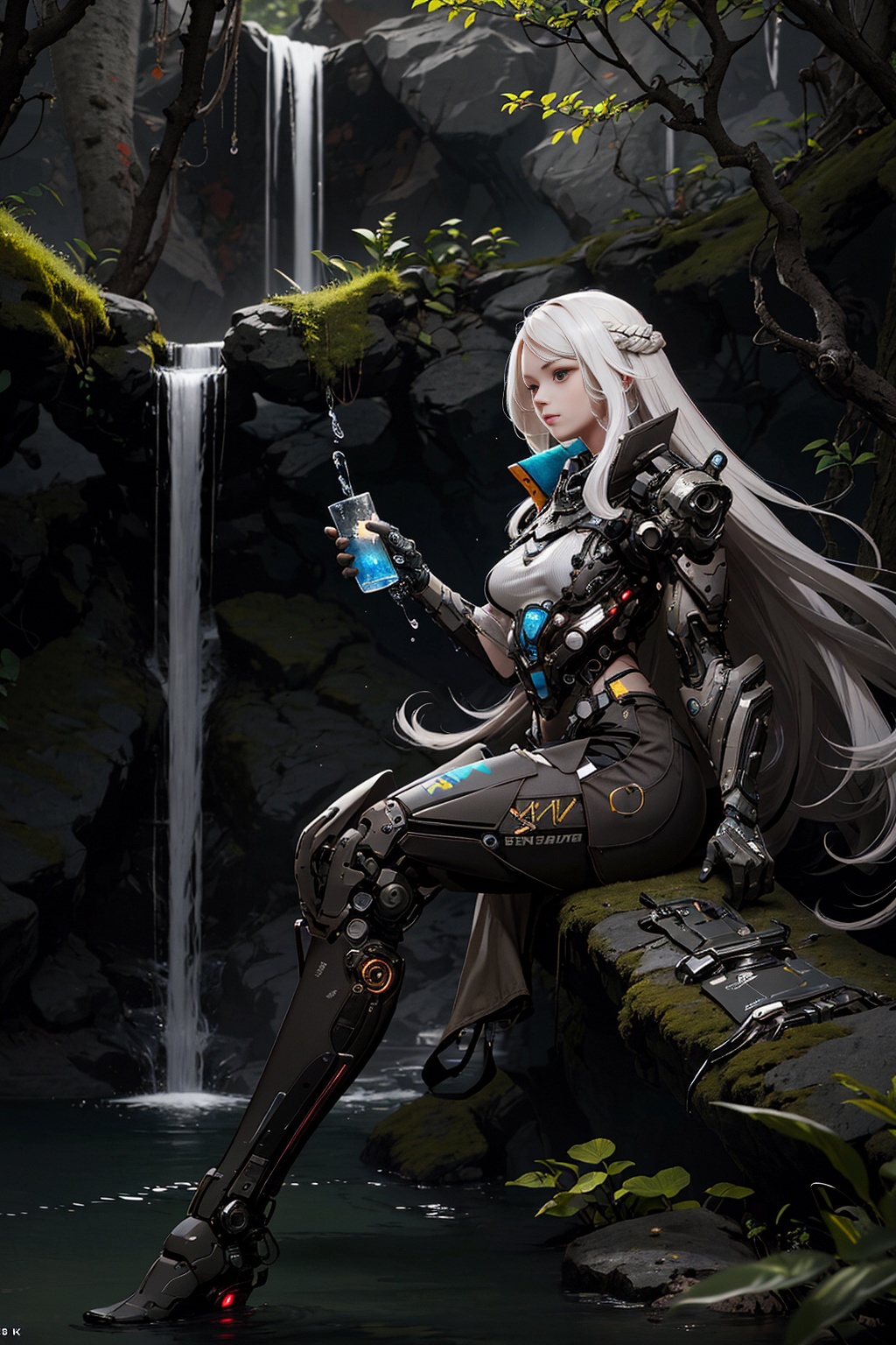 1girl,long hair,sitting,tree,white hair,holding,water,waterfall,<lora:kp_赛博朋克V1:0.8>, kp,cyborg,cyberpunk,, masterpiece, best quality, unity 8k wallpaper