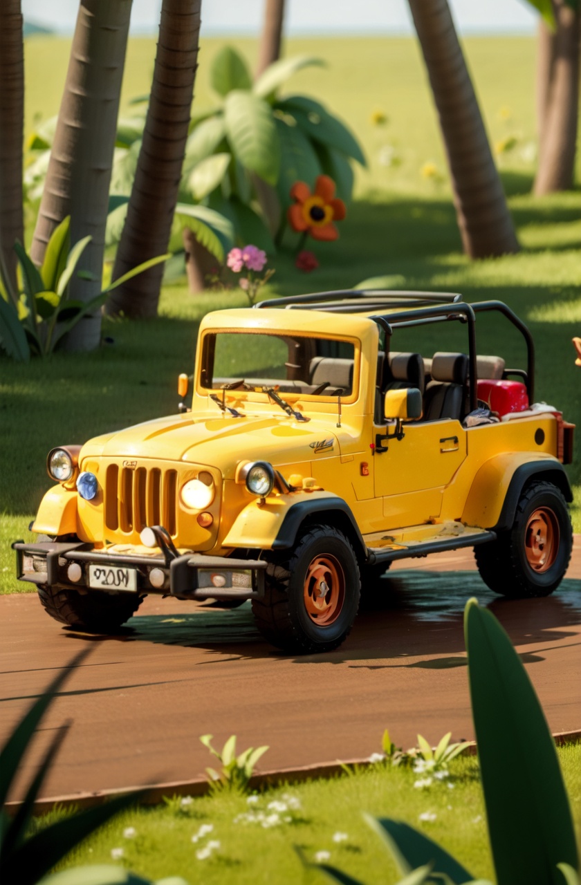 masterpiece,best quality,(absurdres:1.4),no humans,wooden floor, vehicle focus, flower, Tent, Jeep, artist name, grass