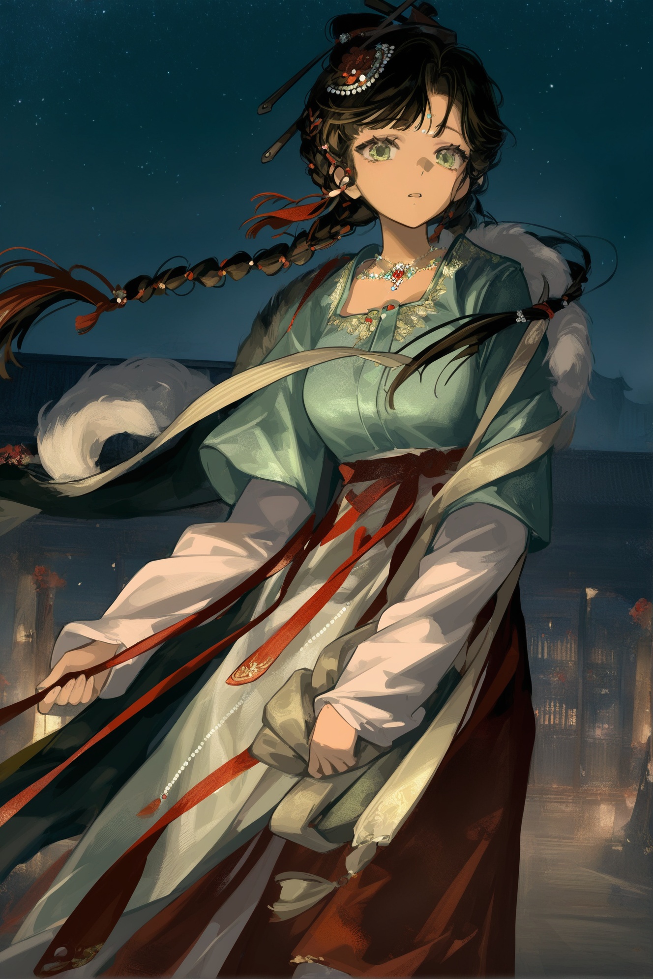 Reverse:1999, 1girl, solo, night, holding, green eyes, long hair, chinese clothes, long sleeves, tassel, night sky, red flower, layered sleeves, braid, sky, black hair, parted lips, tassel hair ornament, twin braids, short over long sleeves, floating hair, outdoors, hanfu, coat, flower, hair ornament, fur trim, star \(sky\), cowboy shot, shirt, skirt, red rose, starry sky, looking at viewer, hair bun, building, brown hair