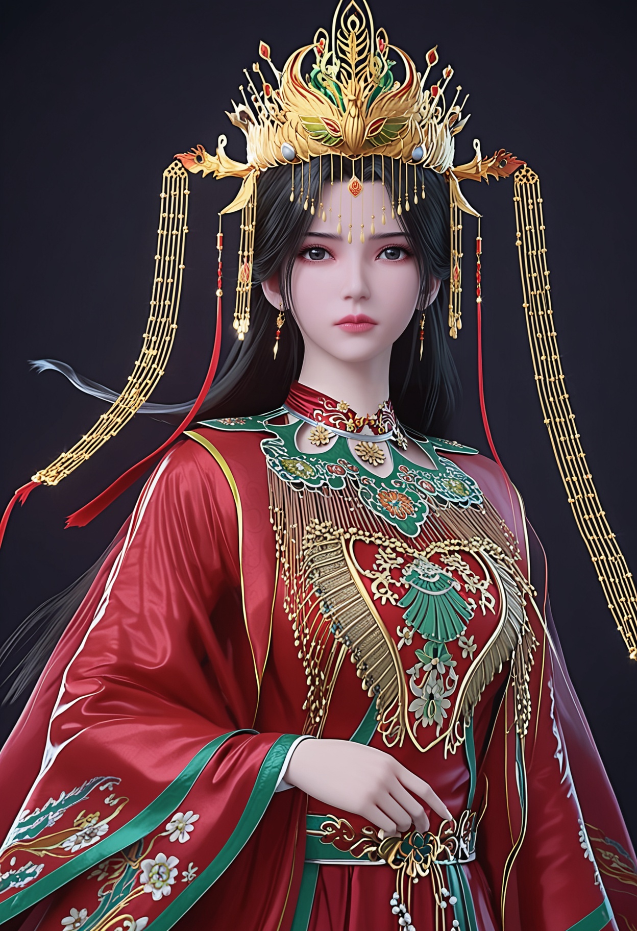 score_9,looking_at_viewer,upper body,large breasts,1girl,solo,long hair,chinese clothes,jewelry,hair ornament,black hair,dress,closed mouth,red dress,earrings,crown,realistic,long sleeves,brown hair,expressionless,tiara,wide sleeves,headdress,shoes,(simple background,pure black background,black background:1.1),perfect_anatomy,<lora:QQSponylimuwanhunfu:0.8>,