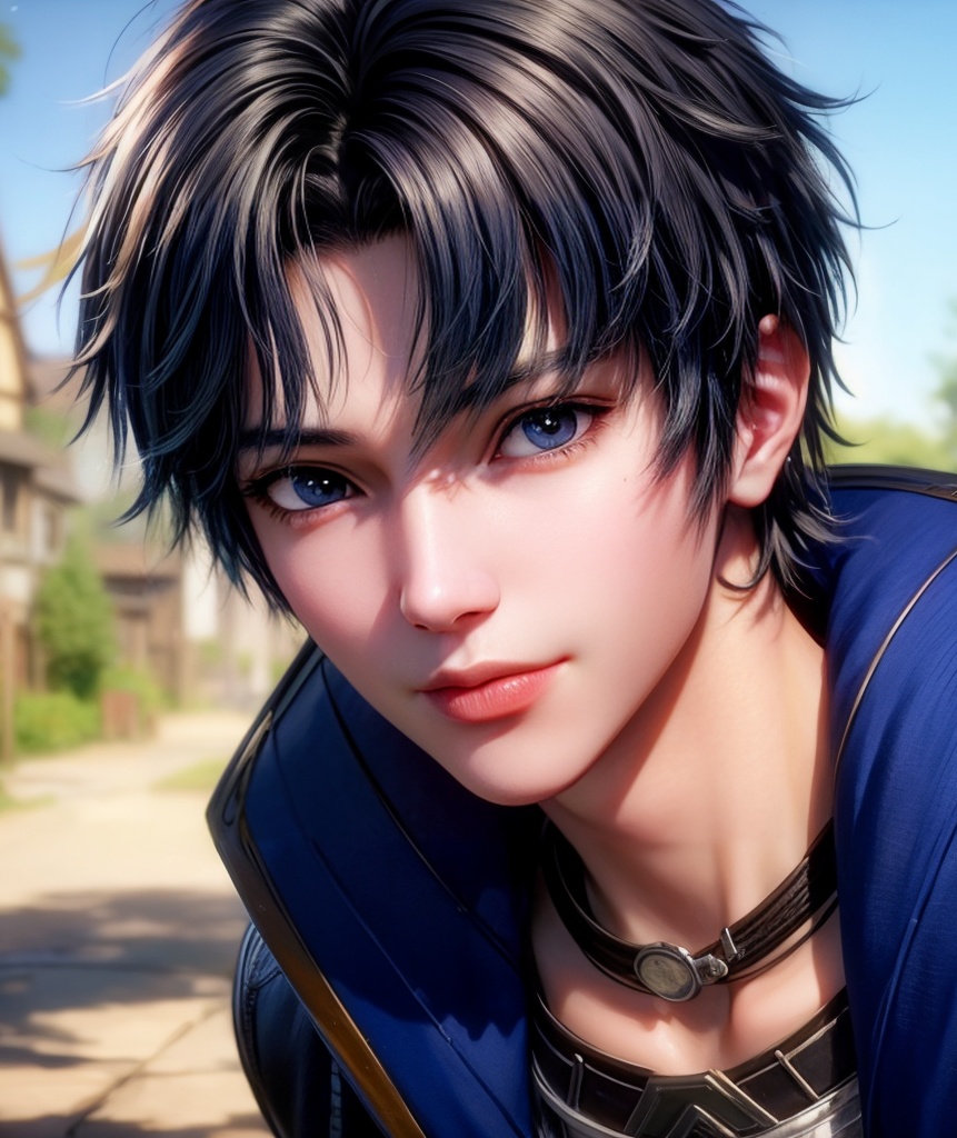 masterpiece,best quality,illustration,anime,solo,looking_at_viewer,blurred background,depth of field,portrait,close_mouth,smile,1boy,male focus,black hair,jacket,blue jacket,belt,crystal,long sleeves,shirt,cube,glowing,short hair,blue eyes,outdoors,building,tree,<lora:add_detail:1>,<lora:诺丁唐三1.24:0.7>,