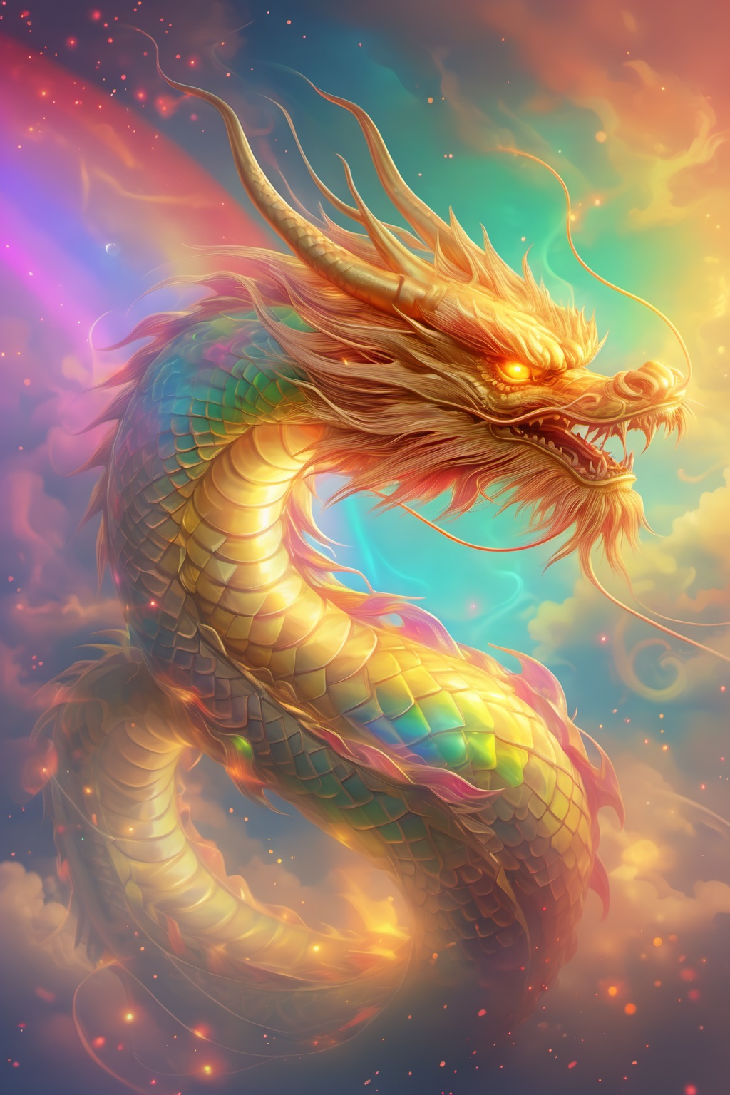 chinese dragon,glowing_eye,rainbow,sky,XCJL 