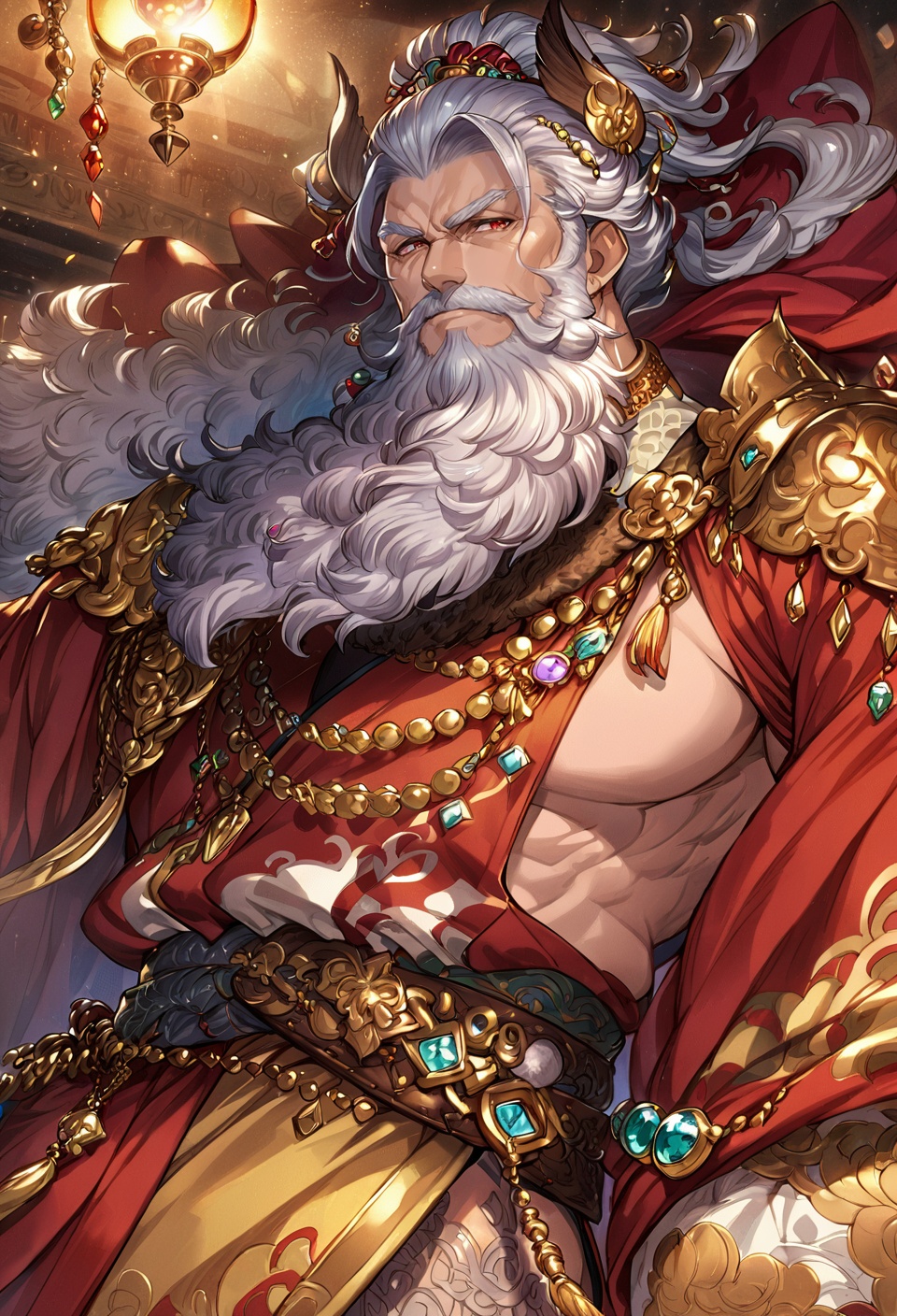 best quality,masterpiece,highres,illustration,original,extremely detailed,anime,erune,<lora:碧蓝幻想:0.7>,a middle-aged emperor,uncle with beard and beard,bedecked with jewels,