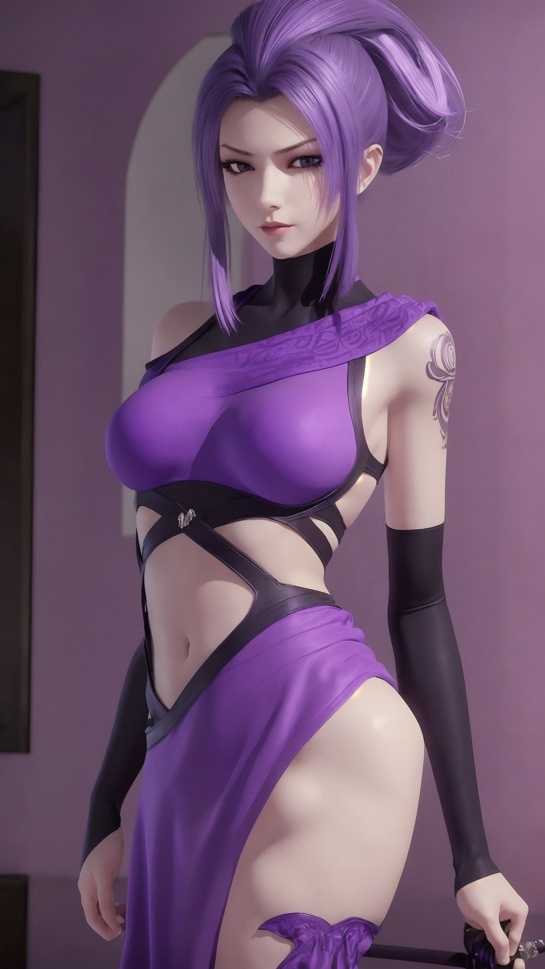 The image is a 3D rendering of a female character with purple hair. She is standing in a room with a purple and gold patterned wall in the background. The character is wearing a purple outfit with a black top and a purple scarf draped over her shoulders. She has a tattoo on her left shoulder and is holding a sword in her right hand. Her hair is styled in a high ponytail and she has a serious expression on her face. The overall mood of the image is intense and powerful..,<lora:tyz zi_20241217072752-000016:0.8>,