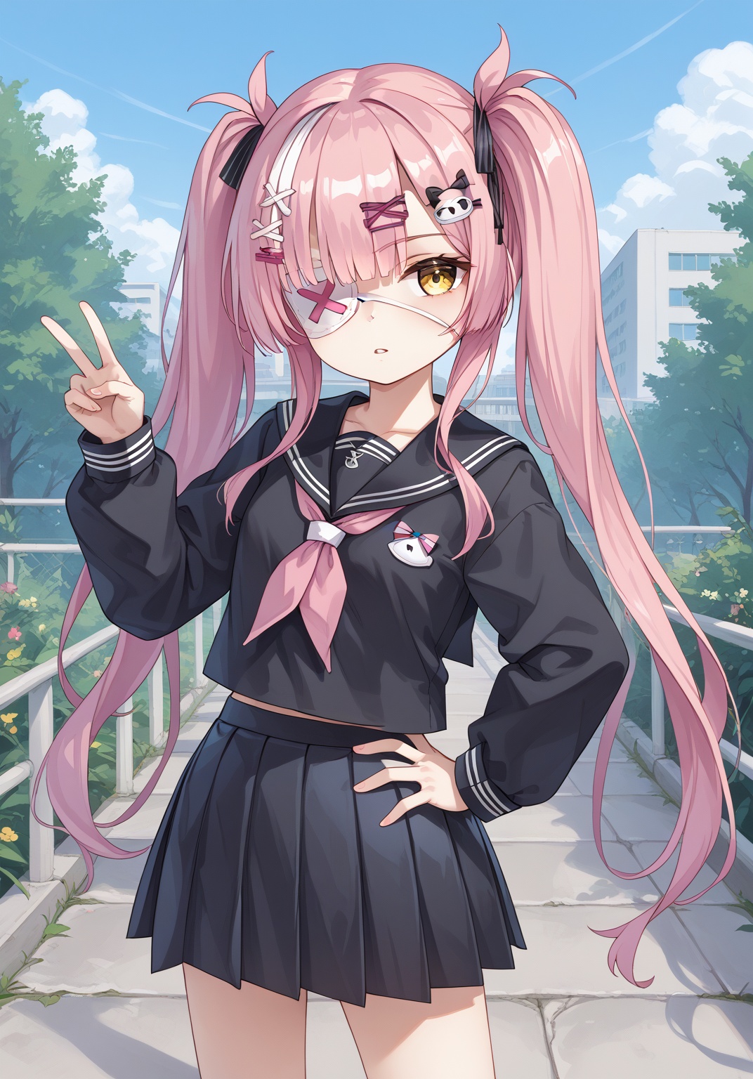 <lora:z47_pony_v1.0:0.7>,z47_\(azur_lane\),twintails, hair_ornament,yellow eyes, pink_hair, eyepatch, pleated skirt,black serafuku, v over eye, school uniform, hand on own hip,outdoors, solo, parted lips,, score_9, score_8_up, score_7_up, source_anime,