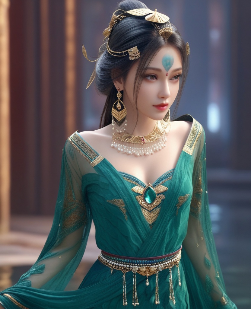 <lora:571-DA-XL-眷思量-奉眠:0.8>(,1girl, ,best quality, ),looking at viewer,  ,ultra detailed background,ultra detailed background,ultra realistic 8k cg,, ,masterpiece,((((1girl, solo,  , solo focus, ,walking on liquid, ))))    (cleavage), (), ,ultra realistic 8k cg,   clean, masterpiece,     cinematic lighting, cinematic bloom, , (( , )),,  , unreal, science fiction, luxury, jewelry, diamond, gold, pearl, gem, sapphire, ruby, emerald, intricate detail, delicate pattern, charming, alluring, seductive, erotic, enchanting, hair ornament, necklace, earrings, bracelet, armlet,see-through sleeves, ,