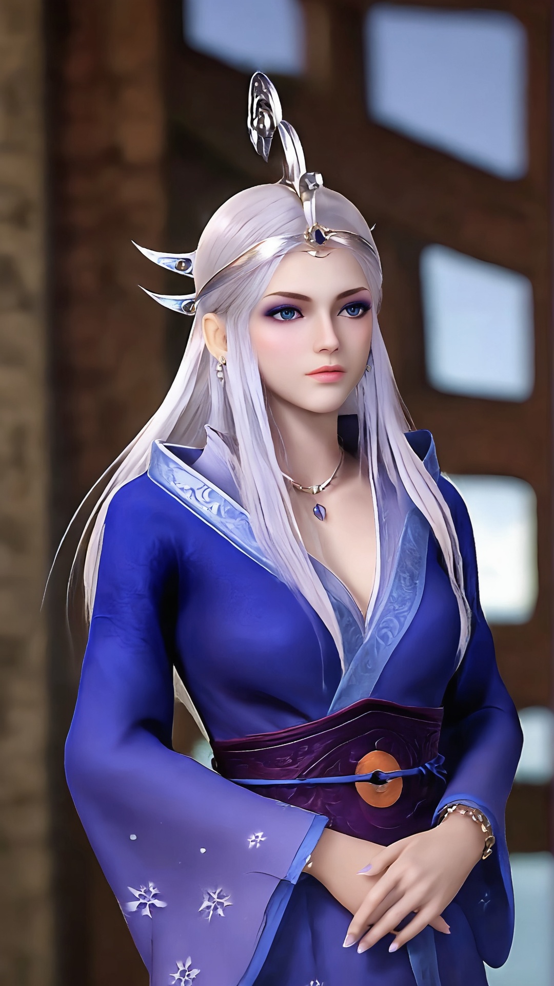 The image is a close-up portrait of a young woman with long white hair. She is wearing a blue traditional Chinese outfit with a high neckline and long sleeves. The outfit is made of a blue fabric with intricate patterns and designs. The woman is also wearing a silver headpiece with a large headpiece that resembles a dragon's head. The headpiece is made up of multiple spikes and spikes that are attached to the woman's head with a silver chain. She has a serious expression on her face and is looking directly at the camera. The background is blurred,but it appears to be an indoor setting with a stone wall and a window.,,<lora:pony雪女:0.8>,