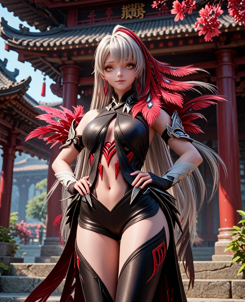 (oriental architecture, elegant decor, sophisticated style:1.1),(hands on hips:1.1),(large breasts:1.2),<lora:XL16王者荣耀景影东君:0.95>,miss ying,black leather combat attire,yellow eyes,white hair,very long hair,hair ornament,single earring,fingerless gloves,feathers,asymmetrical legwear,jewelry,sash,, score_9,score_8_up,score_7_up,score_6_up,score_5_up,score_4_up,3d rendering,tag1,tag2, Cinematic Lighting,backlighting,, zPDXL3, zPDXL2,zPDXL, zPDXLxxx, zPDXLrl,