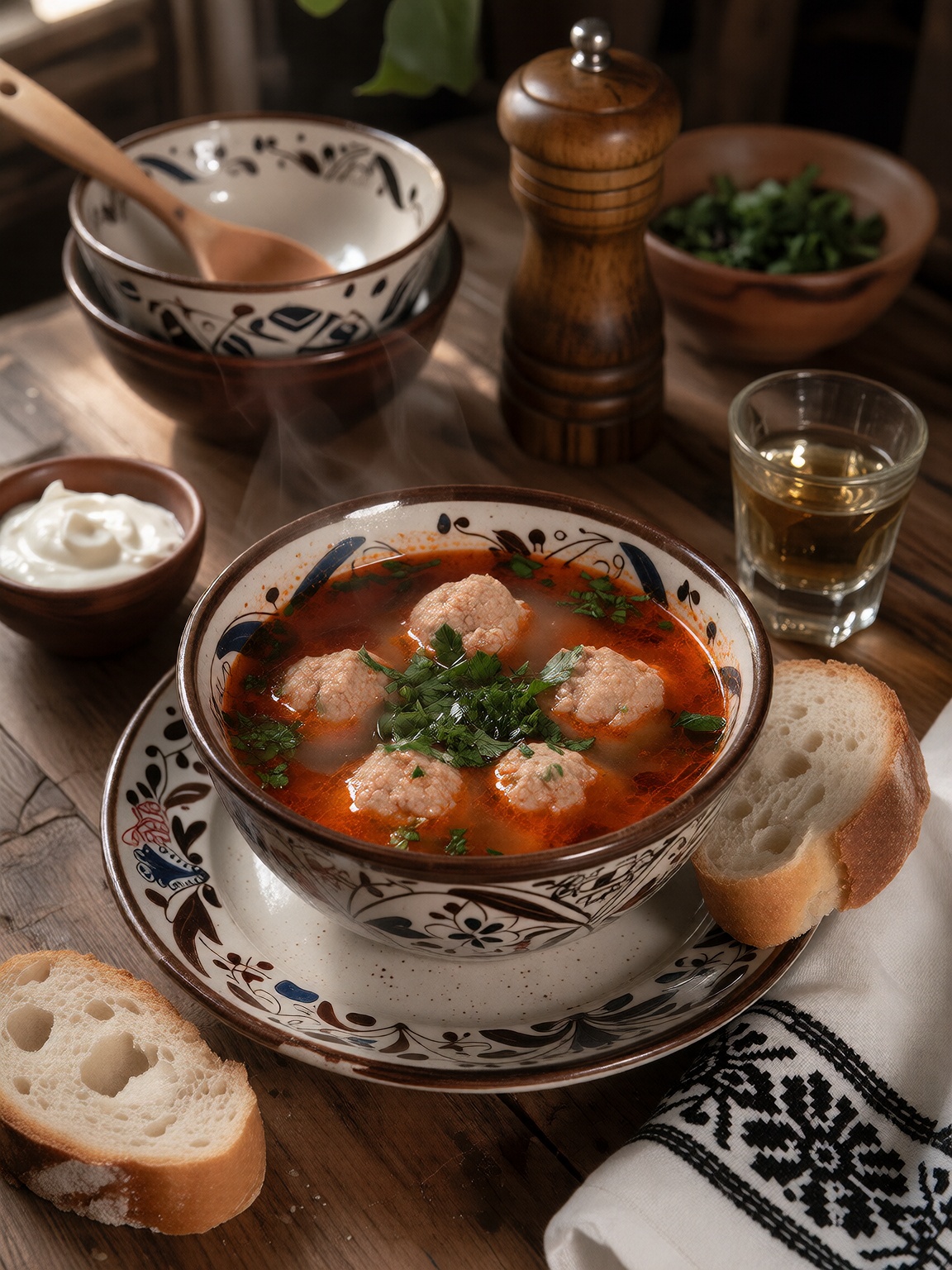 A warm and inviting still-life of a traditional Eastern European soup served in a decorated ceramic bowl,  resting on a wo...