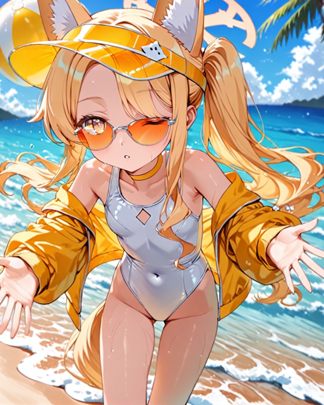 O,seia\(blue_archive\), 1girl, blonde hair, swimsuit, animal ears, solo, outdoors, white one-piece swimsuit, fox ears, one-piece swimsuit, ball, long hair, water, yellow eyes, looking at viewer, jacket, sunglasses, visor cap, covered navel, fox tail, beachball, hair over one eye, day, tail, side ponytail, parted lips, halo, hair ornament, animal ear fluff, wading, open clothes, sky, tinted eyewear, fox girl, tree, bare shoulders, thigh gap, off shoulder, outstretched arms, yellow jacket, open jacket, ocean, blush, palm tree, choker, very long hair, blue sky, breasts, cloud, long sleeves, beach, bangs, small breasts, one eye closed, standing, ass visible through thighs, highleg,(UHD),anatomically correct,accurate,textured skin,super detail,high details,award winning,best quality,high quality,retina,HD,16k,1080P,