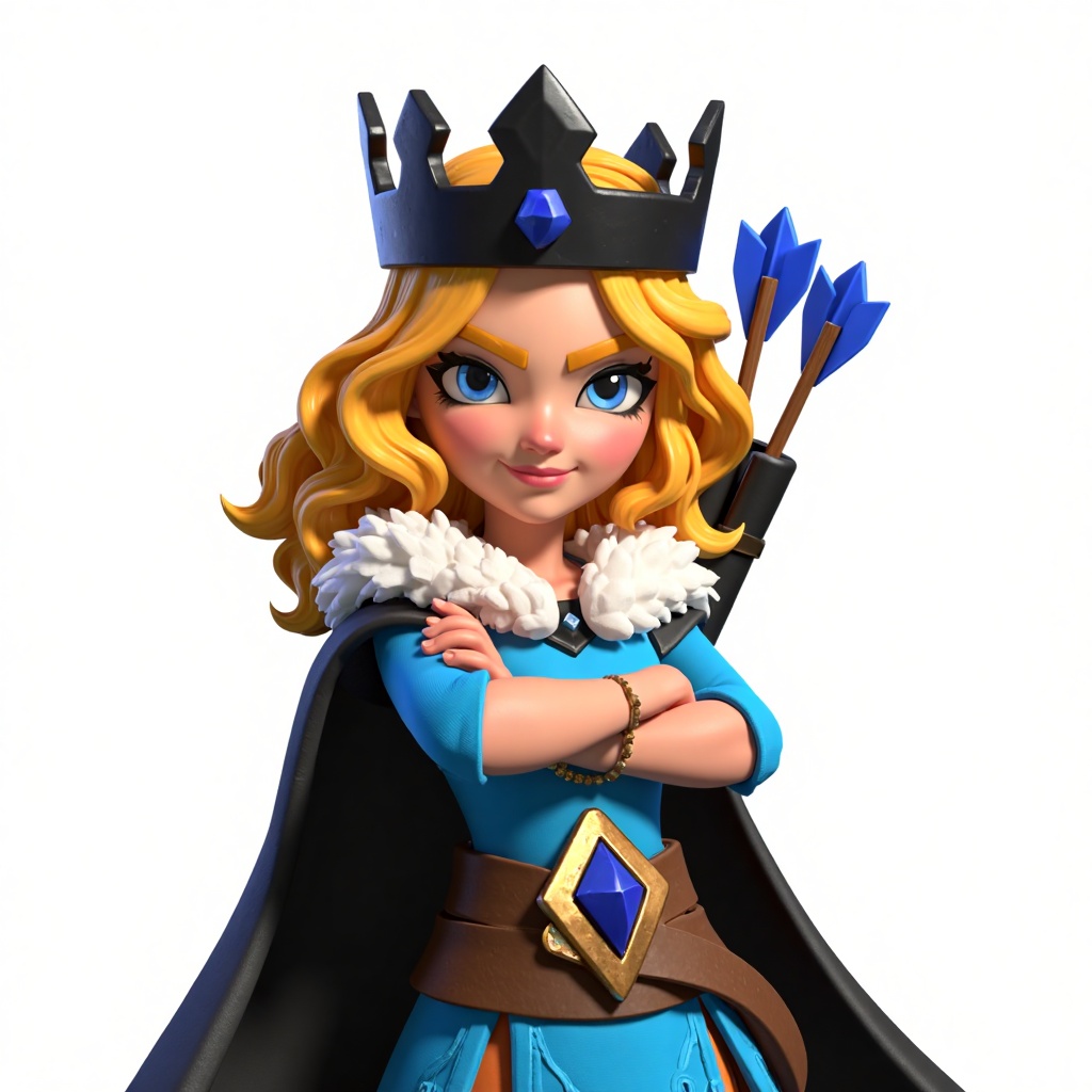 A girl with golden curly hair,wearing a black crown studded with sapphire. Her eyes are bright blue and confident,her arms crossed confidently over her chest.,She wears a blue dress adorned with delicate patterns,tied around the waist with a brown belt,in the center of which is set a blue diamond-shaped gemstone. She drapes herself in a black cloak,the edges of which are trimmed with white fur,exuding an aura of grandeur and magnificence.,On her back,she carries a quiver containing several arrows with blue arrowheads,hinting at her proficiency in archery,against a white background.,