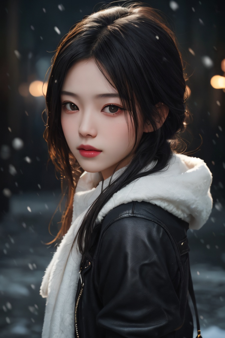 photographic of a girl\(asian\), clear facial contour, upper body, looking at viewer, grunge style, BREAK, It's snowing, Fog.BREAK, 35mm photograph, grainy, professional, 8k, highly detailed, Hasselbald 50mm lens f/1.9, [by ethan for CGArt Mayfly model]