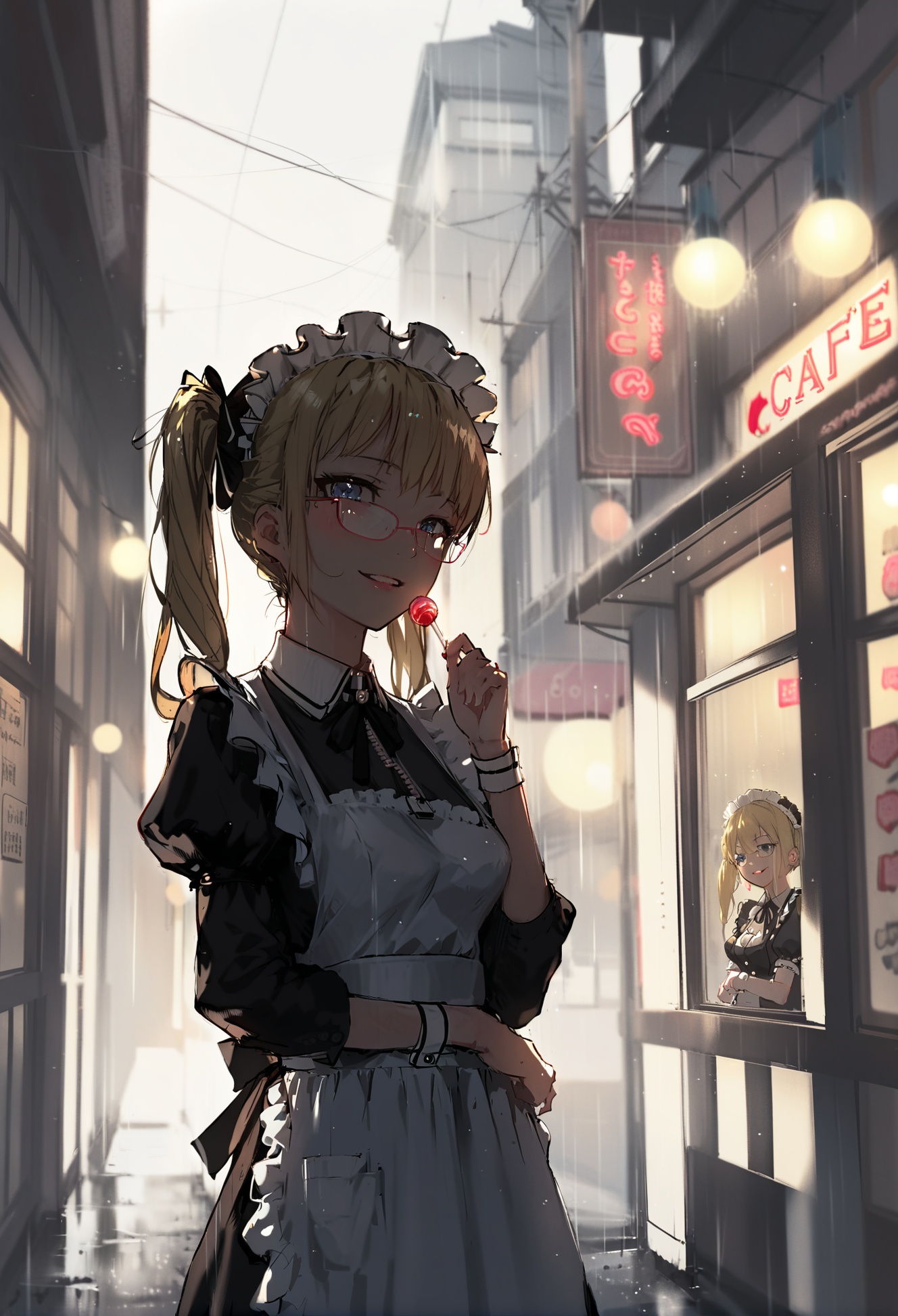 masterpiece, best quality,1girl,   candy, lollipop, solo, food, blue eyes, umbrella, long hair, maid, maid headdress, apron, outdoors, bangs, power lines, long sleeves, twintails, jacket, rain, maid apron, frills, transparent umbrella, dress, blush, black jacket, transparent, parted lips, ribbon, breasts, utility pole, 背景, smile, frilled apron, blonde hair, maid cafe, zipper pull tab, neck ribbon, wrist cuffs, glasses, frilled wristband, juliet sleeves, upper body, backlighting, window, day, glowing, black dress, mouth hold, lips, cleavage, glowing windows, puffy sleeves <lora:DInoballXLlokr8f-000185:0.95>