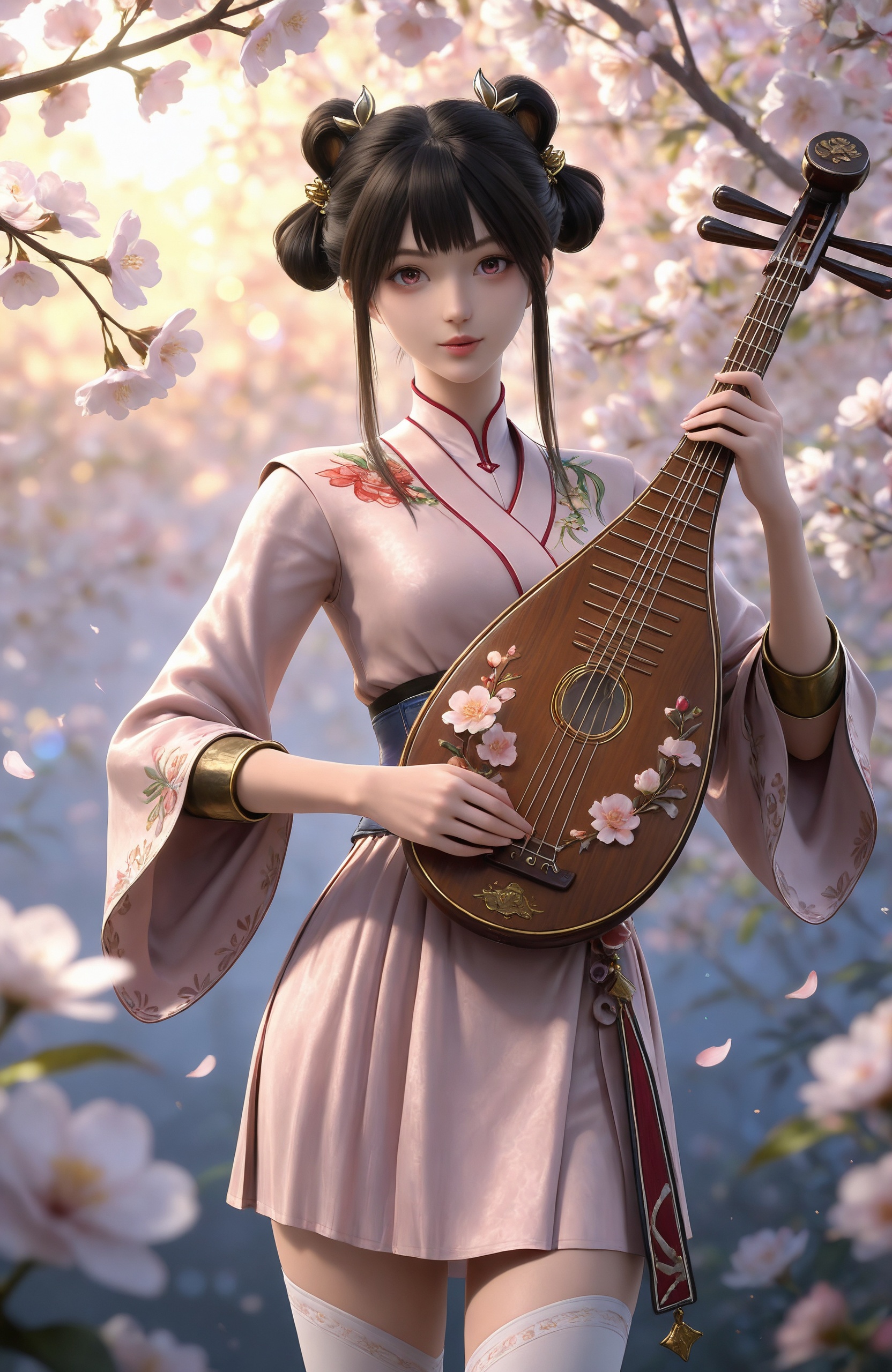 realistic style photo,outstanding style,Use soft lighting to cast gentle shadows on the subject,adding a touch of dimension to your images without compromising details,whirls of vapor,(Anime:1.1),soft neon light,ethereal ambiance,delicate details,magical atmosphere,concept art,highly detailed,ultra-high resolution,32K UHD,sharp focus,best-quality,masterpiece,golden hour,unconventional supreme masterpiece,masterful details,temperate atmosphere,with a high-end texture,in the style of fashion photography,magazine style,Dynamic Angle,Dynamic posture,magazine style,Dynamic Angle,Dynamic posture,(cowboy_shot:1.2),eye trail,depth of field,cinematic lighting,lens flare,close-up,extreme aesthetic,(wlop:0.6),(honjou raita,lack,rella,wanke:0.5),masterpiece,best quality,good quality,newest,year 2025,very aesthetic,absurdres,Visual impact,A shot with tension,ultra-high resolution,32K UHD,sharp focus,best-quality,masterpiece,Emotionalization,unconventional supreme masterpiece,masterful details,temperate atmosphere,with a high-end texture,in the style of fashion photography,(Visual impact:1.2),giving the poster a dynamic and visually striking appearance, <lora:九阳武神-小月IL:0.7> 1girl, black hair, hair ornament, hair rings, hair bun, chinese clothes, long sleeves, white thighhighs, pink dress, double bun, boots, sash solo, looking at viewer, holding, standing, flower,  chain, floral print, instrument, music, branch, playing instrument, holding instrument,lute \(instrument\)