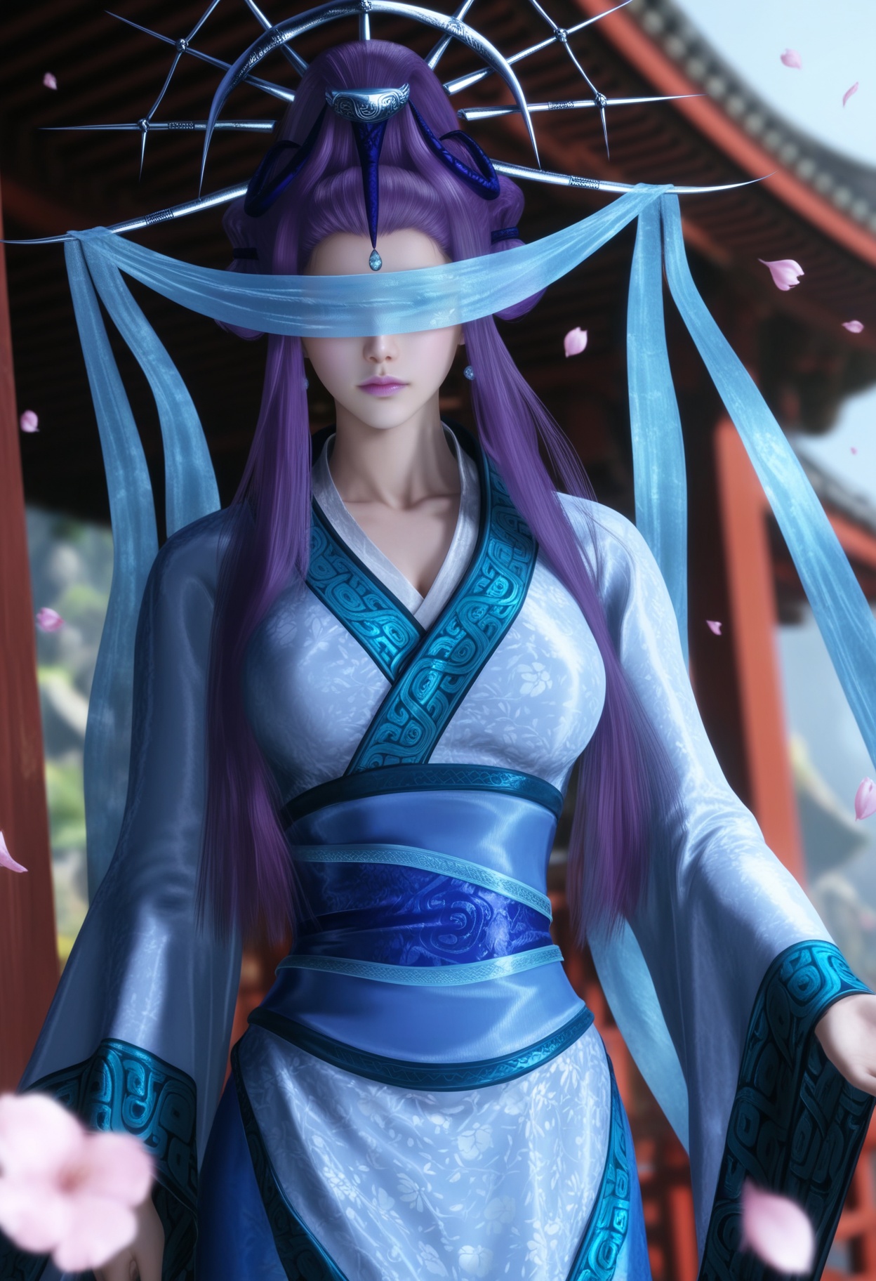 masterpiece,best quality,amazing quality,very aesthetic,high resolution,ultra-detailed,absurdres,scenery,photorealistic,(looking at viewer:1.1),upper body,(moody lighting:1.1),peach blossom,falling petals,(large breasts:1.2),yueshen,1girl,solo,purple hair,long hair,hair ornament,chinese clothes,jewelry,sidelocks,blindfold,earrings,hair bun,hair stick,sash,makeup,purple lips,collarbone,updo,shoes BREAK photorealistic details,<lora:QQSillyueshenV1:0.8>,