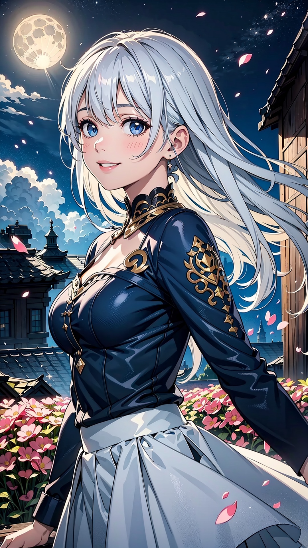 masterpiece, best quality,1girl, (colorful),(finely detailed beautiful eyes and detailed face),cinematic lighting,bust shot,extremely detailed CG unity 8k wallpaper,white hair,solo,smile,intricate skirt,((flying petal)),(Flowery meadow)sky, cloudy_sky, building, moonlight, moon, night, (dark theme:1.3), light, fantasy,