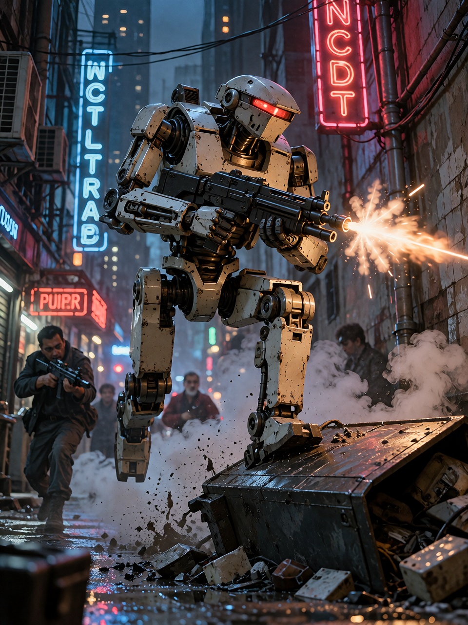 An original human-sized urban combat robot chasing armed fugitives through a narrow neon alley,  sleek metal frame,  glowi...