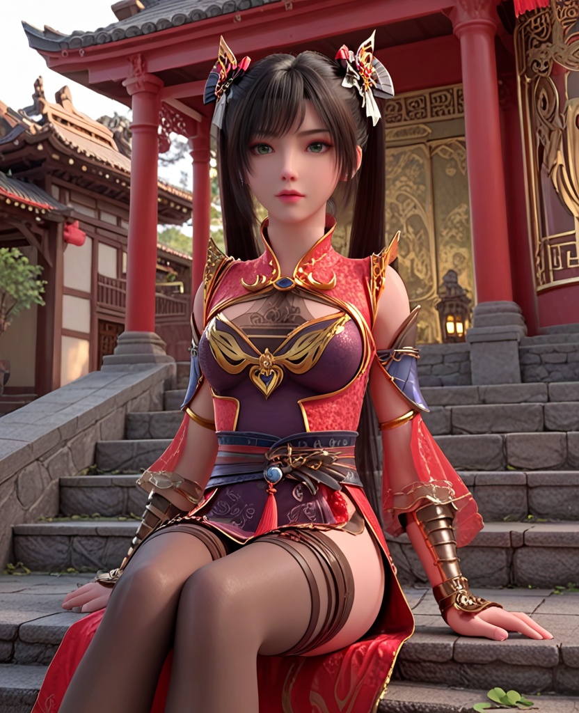 (oriental architecture, elegant decor, sophisticated style:1.1),(Sitting on a step, gazing downward:1.1),(breasts:1.2),<lora:XL神墓楚钰黑丝:0.95>,miss chuyu,red outer robe,purple minidress,sash,green eyes,black hair,twintails,long hair,black thighhighs,bangs,earrings,jewelry,vambraces,bracer,, score_9,score_8_up,score_7_up,score_6_up,score_5_up,score_4_up,3d rendering,tag1,tag2, Cinematic Lighting,backlighting,