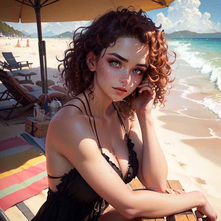 (sharp focus:1.2), photo, attractive mixed woman, (beautiful face:1.1), detailed eyes, luscious lips, (cat eye makeup:0.85), (large eyes:1.0), (toned body:1.2), (curly hair:1.2), wearing (sundress:1.2) sitting on a (beach:1.2). (moody lighting:1.2), depth of field, bokeh, 4K, HDR. by (James C. Christensen:1.2|Jeremy Lipking:1.1), body freckles, green eyes, freckles, beauty marks, sandy skin, sand on skin