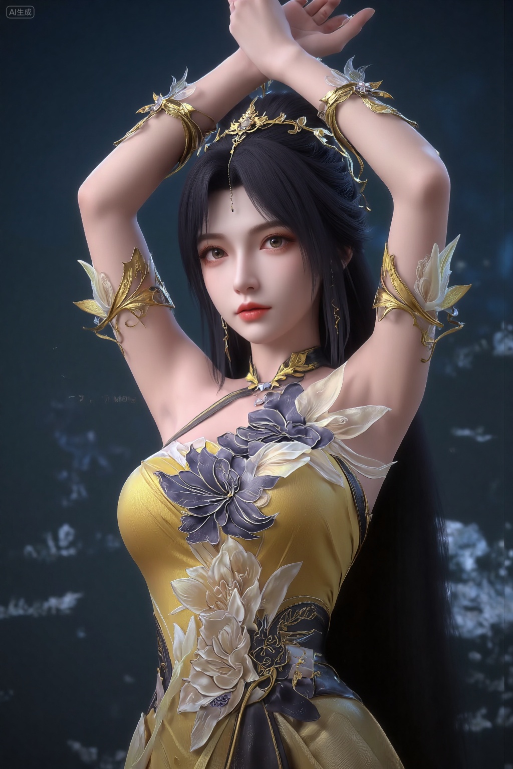 This is a highly detailed CGI rendering of a beautiful, fair-skinned woman with long, dark hair adorned with gold and white accessories. She wears an elaborate, golden-yellow dress with intricate floral patterns and a choker. Her expression is serene, with a slight smile. The background is a blurred, dark blue gradient., She stands with her back to the camera,arms raised above her head and hands crossed. Her posture is elegant and poised,with her body slightly turned to the side.,masterpiece,best quality,astonishing quality,ultimate aesthetics,absurd,best quality,ultimate aesthetics,masterpiece,emotional masterpiece,extraordinary above all,mastery of details,, Negative prompt: ng_deepnegative_v1_75t,(badhandv4:1.2),EasyNegative,(worst quality:2),,nsfw, Steps: 30, Sampler: DPM++ 2M, CFG scale: 3.5, Seed: 854563991, Size: 1024x1536, Model hash: 062dad72b2, Model: 麦橘超然majicFlus_v1.safetensors, Denoising strength: 0, RNG: CPU, Lora 1: 20250820-1755705975731-0010, Lora Hash 1: cf2836352b, Lora Weight 1: 1.0, Controlnet 0: "preprocessor: dw_openpose_full, model: InstantX-FLUX.1-dev-Controlnet-Union-Pro-2.0, weight: 0.7, starting/ending: (0.0, 0.7), resize mode: Crop and Resize, pixel_perfect: False, control mode: Balanced, preprocessor params: (512, None, None)", vae_name: automatic