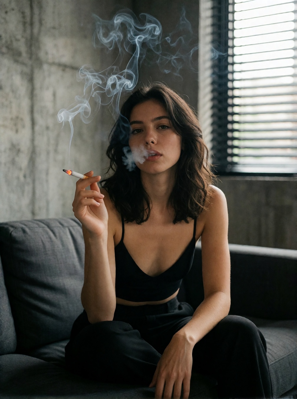 A woman with dark,  wavy hair sits on a dark gray couch against a textured concrete wall,  holding a lit cigarette in her...