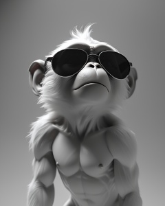 cinematic film still (best quality, 8K, high resolution, masterpiece), ultra detailed, (3D CGI), black sunglasses, trendy, fashionable, silver and black stylized angry muscle monkey on a black background, countryside advertising, winning photo, . shallow depth of field, vignette, highly detailed, high budget, bokeh, cinemascope, moody, epic, gorgeous, film grain, grainy