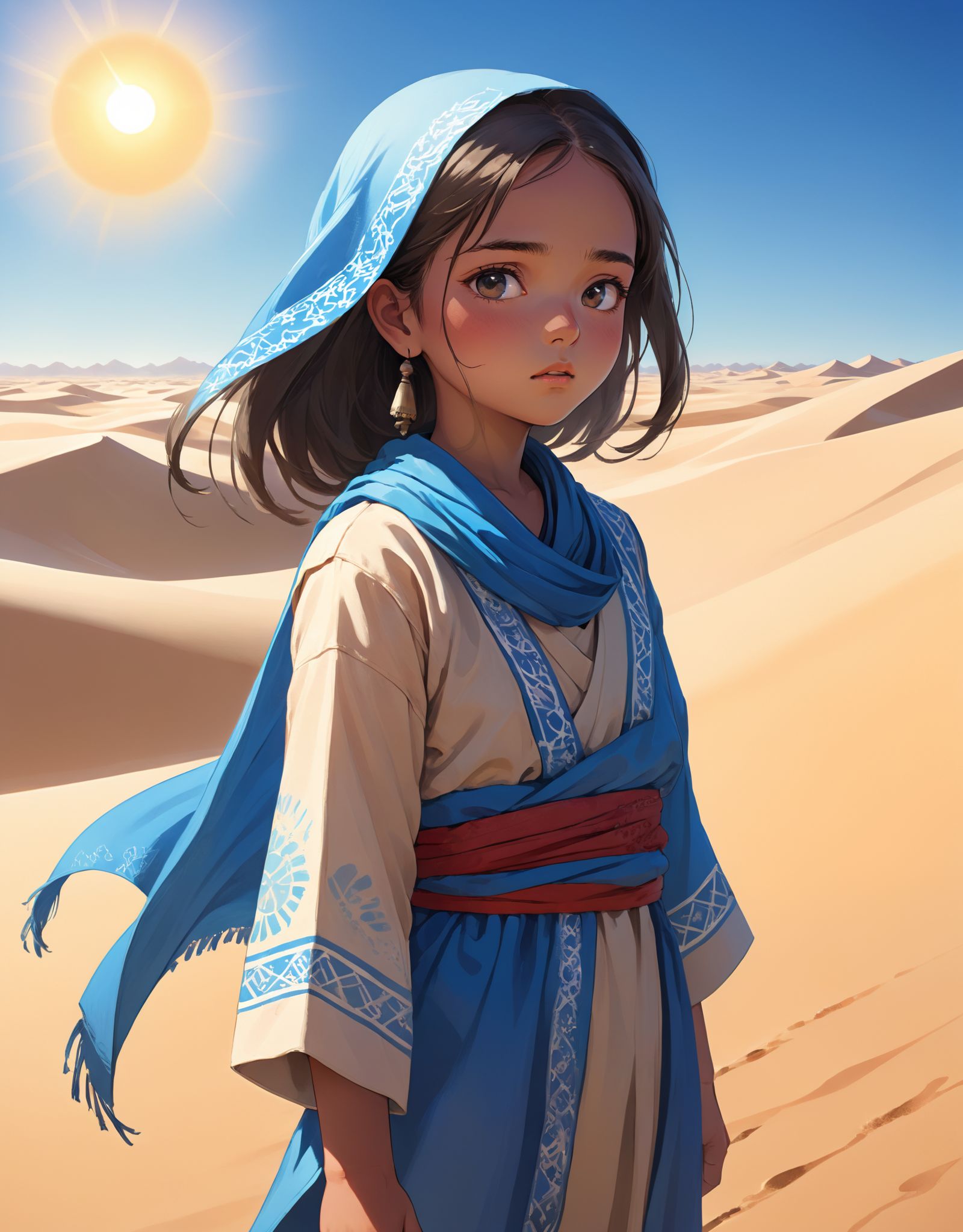 Illustration of a young girl wearing traditional Taklamakan desert clothing,  standing against a backdrop of vast sand dun...