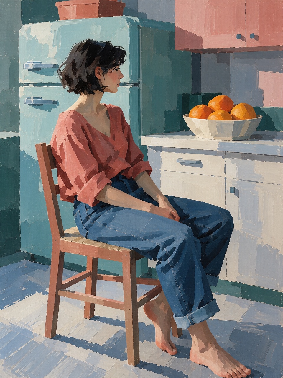 A young woman with short dark hair sitting sideways on a wooden chair in a sunlit kitchen,  wearing a loose coral-red blou...