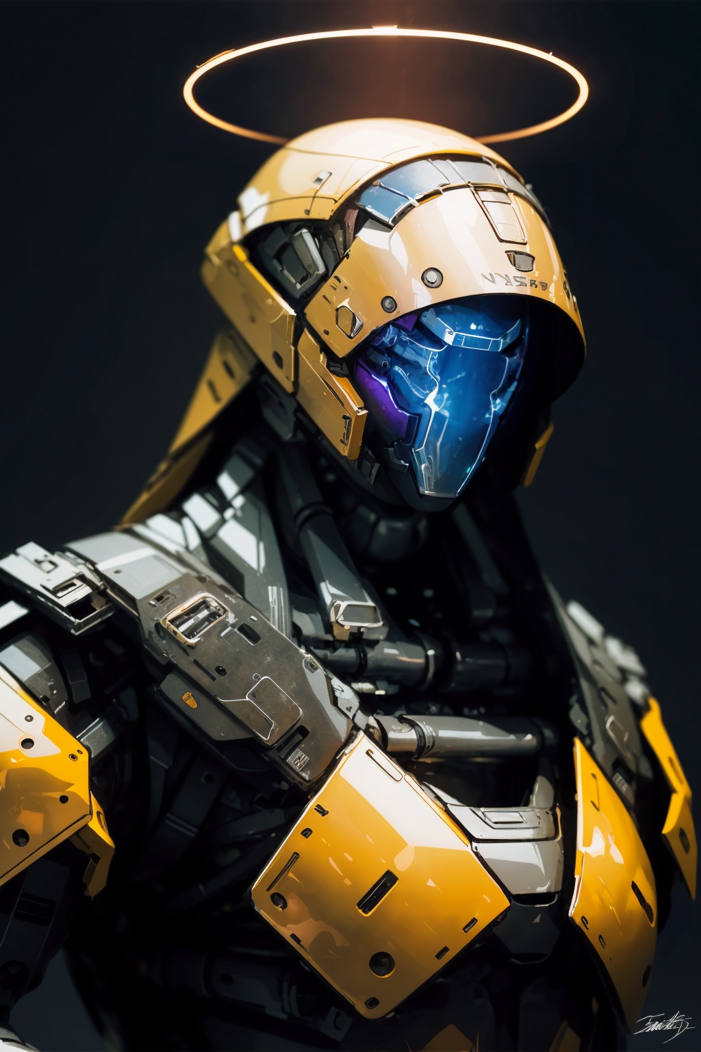 -science fiction, robot, no humans, solo, mecha, glowing, upper body, signature, portrait, straight-on, realistic, halo,<lora:Apocalypse Aso_20240119162949:1>,Apocalypse Aso,