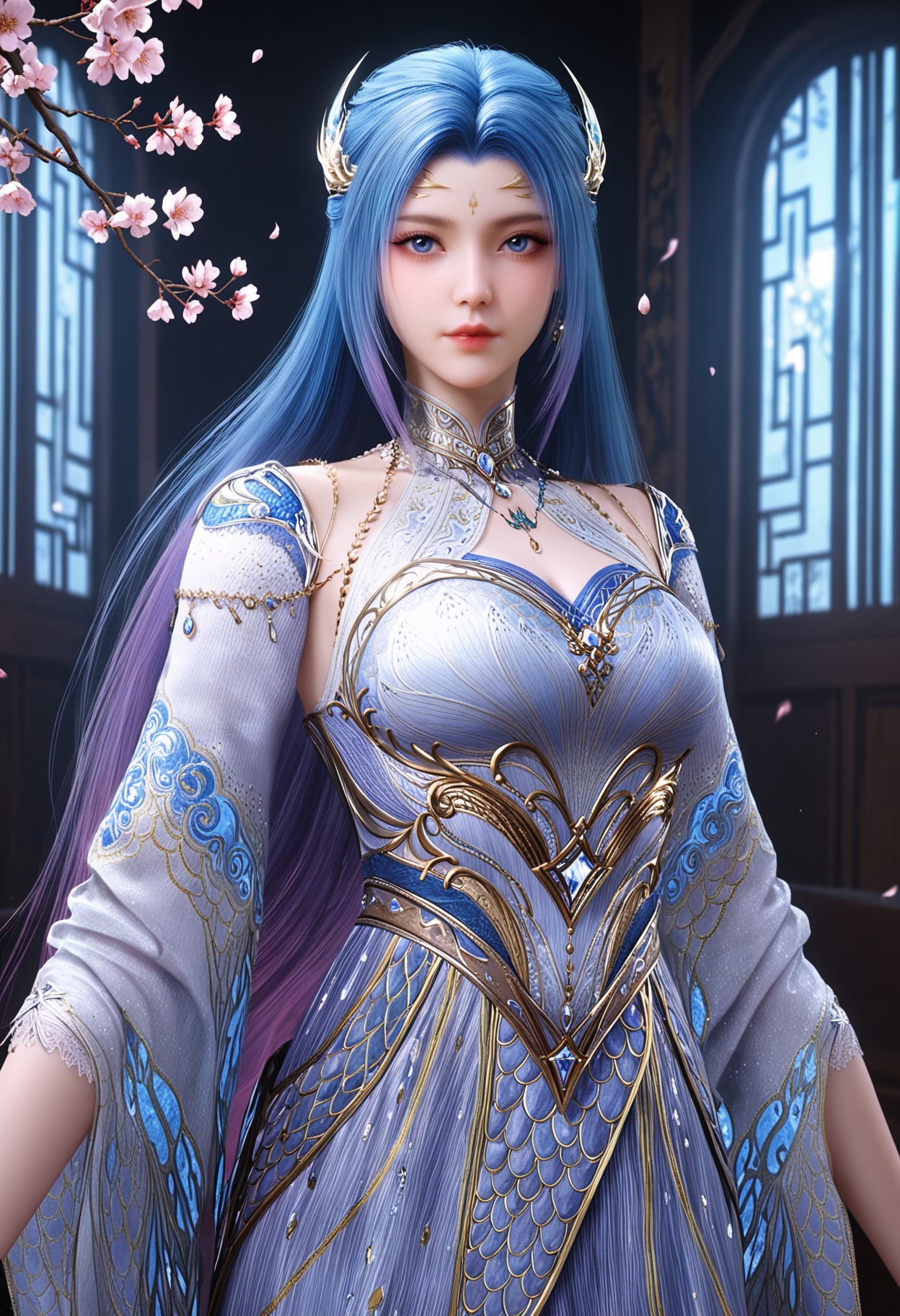 (upper_body:1.2),(looking at viewer:1.1),facing viewer,direct gaze,(masterpiece:1.1),(best quality:1.2),(intricate details),(smog:1.3),(Dark room:1.3),(dim lighting:1.3),peach blossom,falling petals,<lora:YQ_Illustrious光辉v5_唐舞桐_服装3_V2:0.8>,1girl,q1528437228,solo,long hair,hair ornament,blue eyes,jewelry,dress,earrings,detached sleeves,necklace,forehead mark,masterpiece,(best quality),(intricate details:0.9) BREAK (intricate details:0.9),(realistic skin:1.2),masterpiece,best quality,newest,absurdres,hiahres,