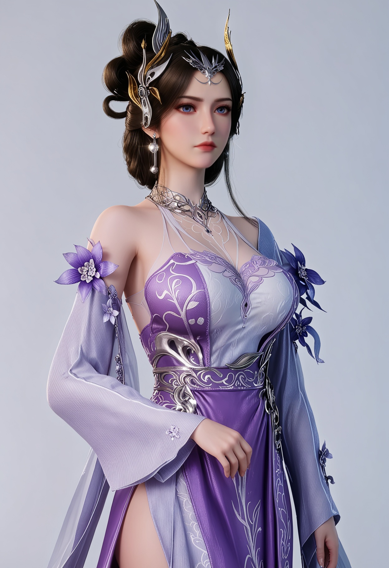 score_9,high detail,best quality,cinematic lighting,volumetric lighting,shiny skin,shiny,1girl,solo,blue eyes,white background,dress,hair ornament,jewelry,expressionless,closed mouth,purple dress,large breasts,black hair,flower,earrings,detached sleeves,bare shoulders,hair bun,simple background,realistic,looking_at_viewer,thighs,<lora:QQSponybaixueV1:0.8>,<lora:Pony_DetailV2.0:0.8>,<lora:皮肤凹痕:0.1>,